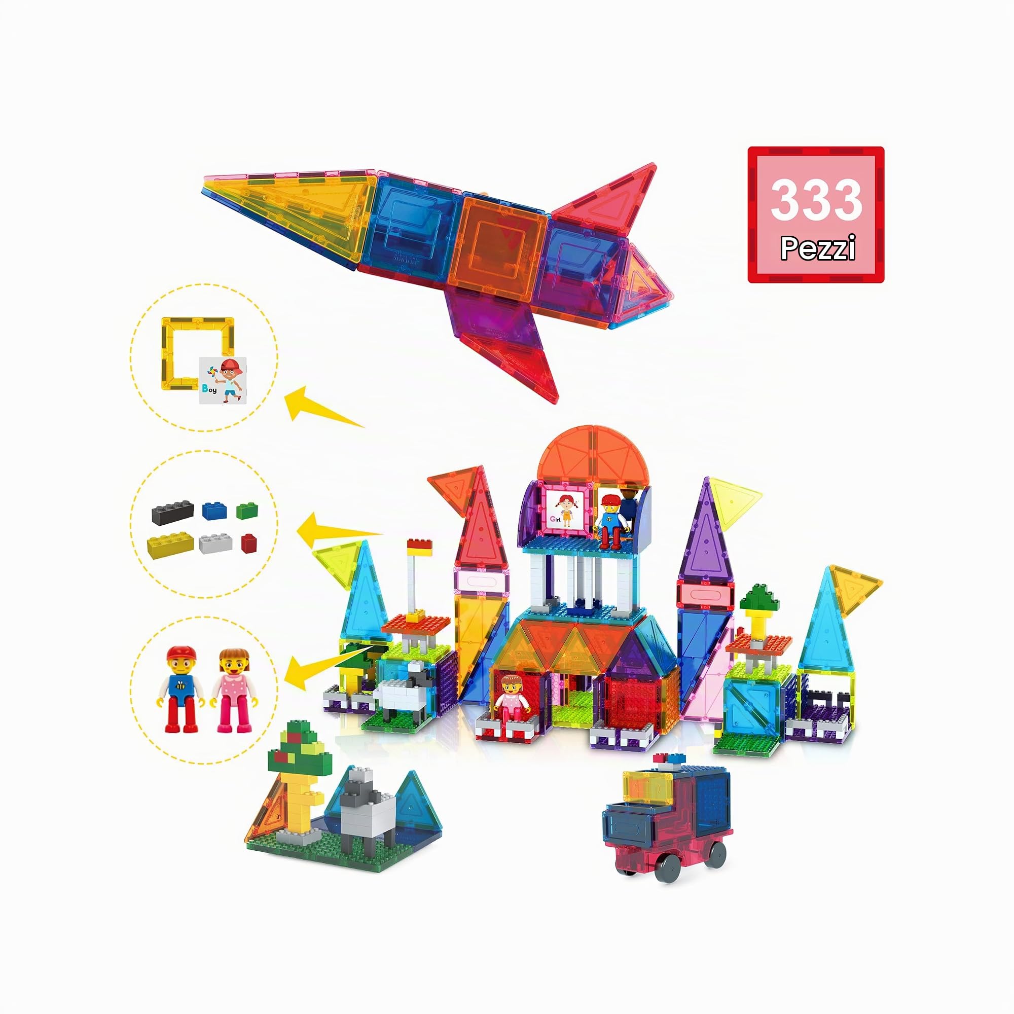 PicassoTiles Set di 333 Piastrelle Magnetiche 3D per Costruzioni, Gioco Creativo per Bambini dai 3 Anni in su