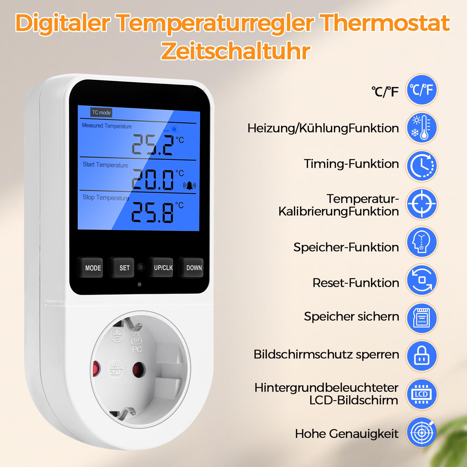 Prise de contrôle de la température de l'horloge, Thermostat numérique 230V, régulateur de température pour Le Chauffage, Le Refroidissement et la Ventilation