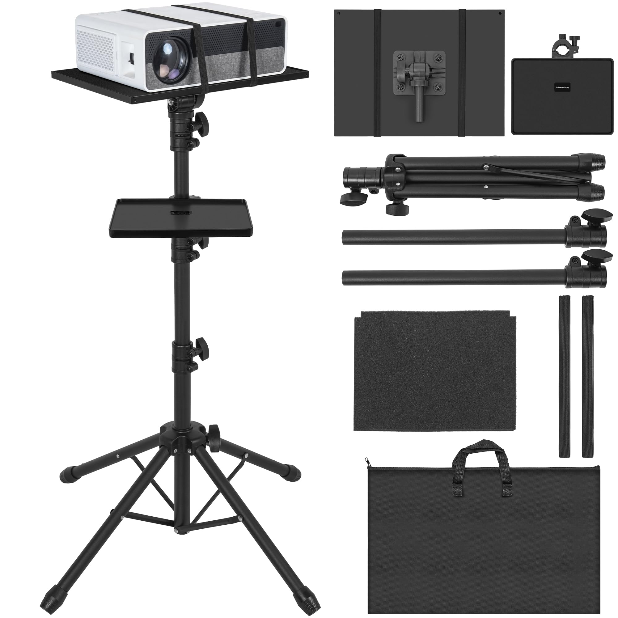 AKOZLIN Trépied de projecteur avec 2 étagères et 4 pieds, support portable réglable hauteur 65-130 cm, rotation à 180 degrés pour projecteur, équipement DJ, iPad