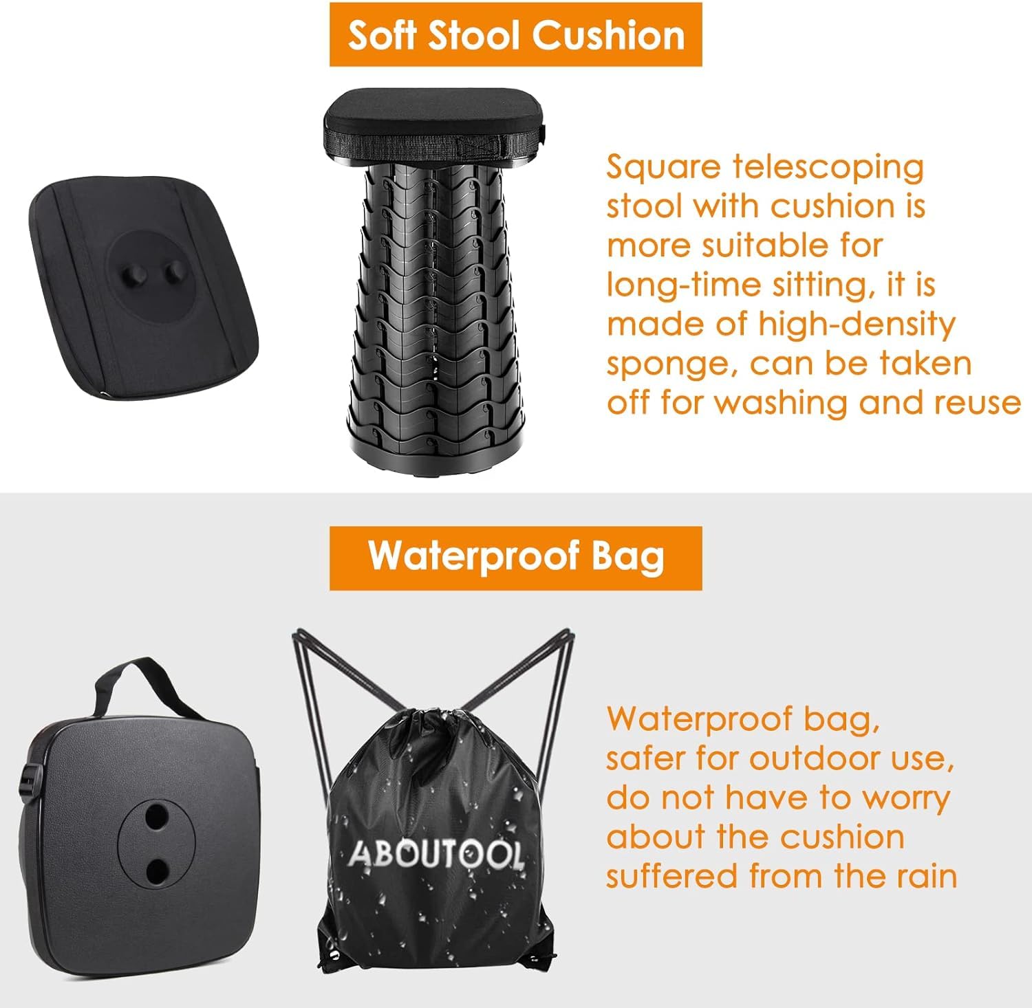 Confezione da 2 sgabelli pieghevoli da campeggio, sgabelli quadrati portatili, sgabelli pieghevoli con cuscino elastico e borsa in nylon regolabile, robusto sgabello telescopico pieghevole, carico