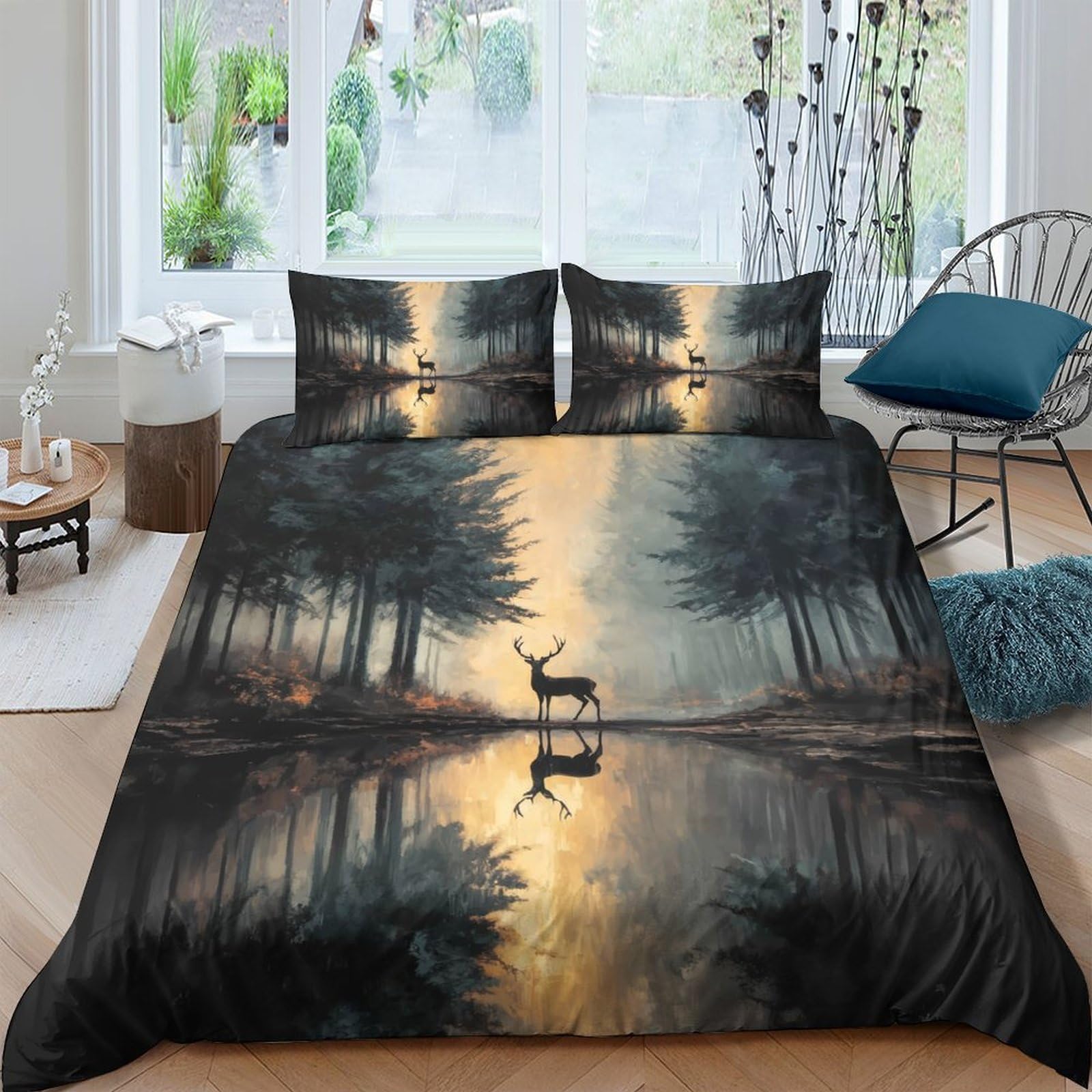 Ctjqhvkz Style-10 3D Printed Forest Sunset Fitted Sheet Microfiber Soft Breathable Deer Reflection Mattress Cover Bedroom Decor Single（135X200cm）