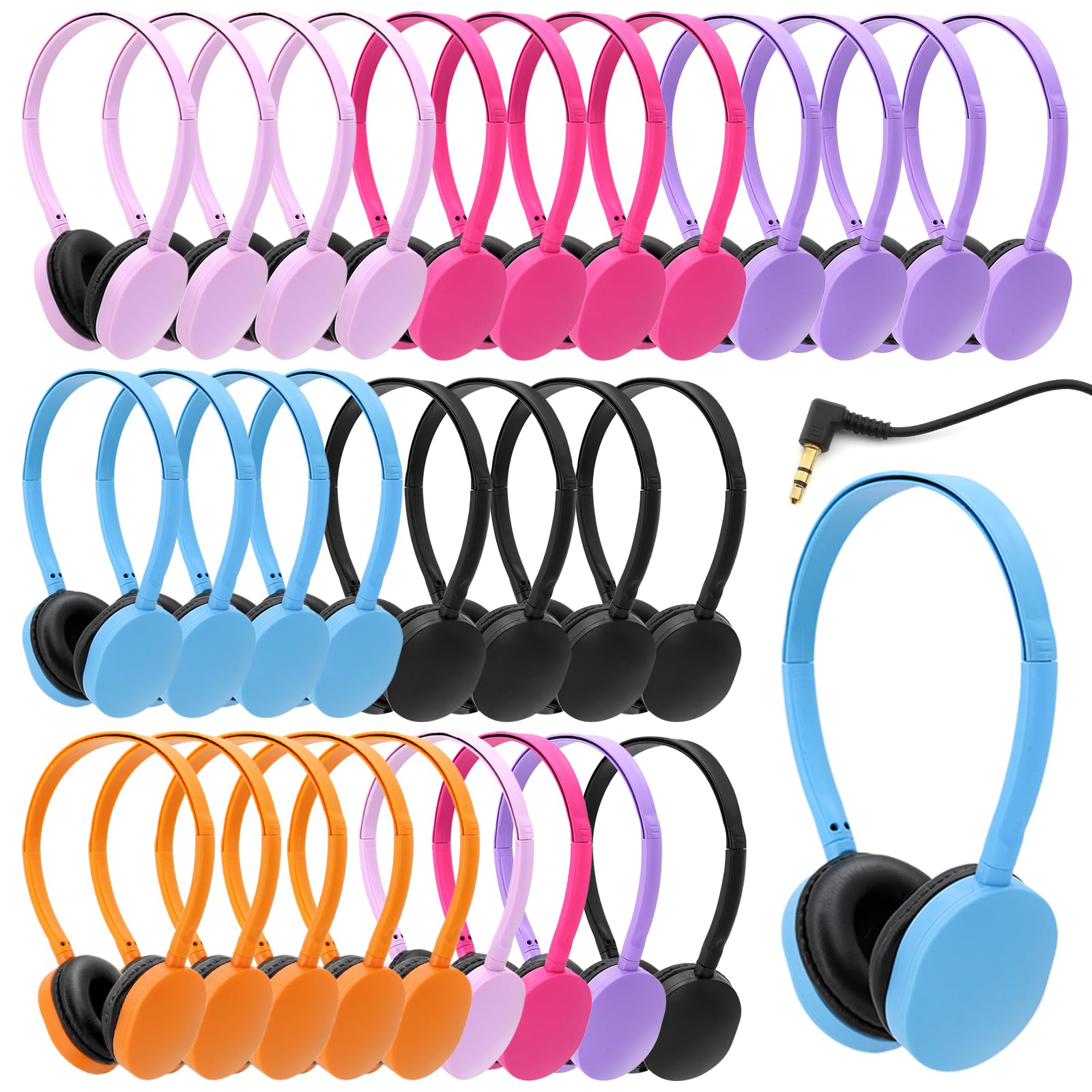 LOVE·FEEL 30 Pcs Kids Bulk Headphones for Classroom School, Classroom Headphones Bulk, Compatible with 3.5mm Jack for Library Children Adults Office