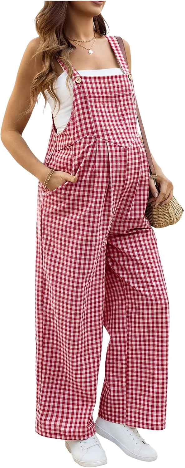 MakeMeChic Women's Maternity Overalls Gingham Print Sleeveless Wide Leg Y2K Pregnancy Jumpsuits