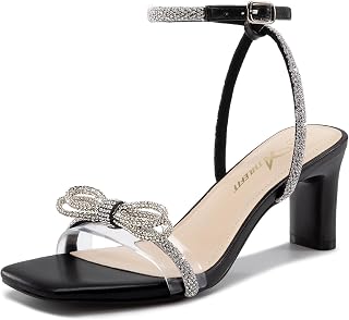 Athlefit Women's Rhinestone Bow Heels Clear Open Square Toe Block Heels Buckle Heeled Sandals for Party Wedding