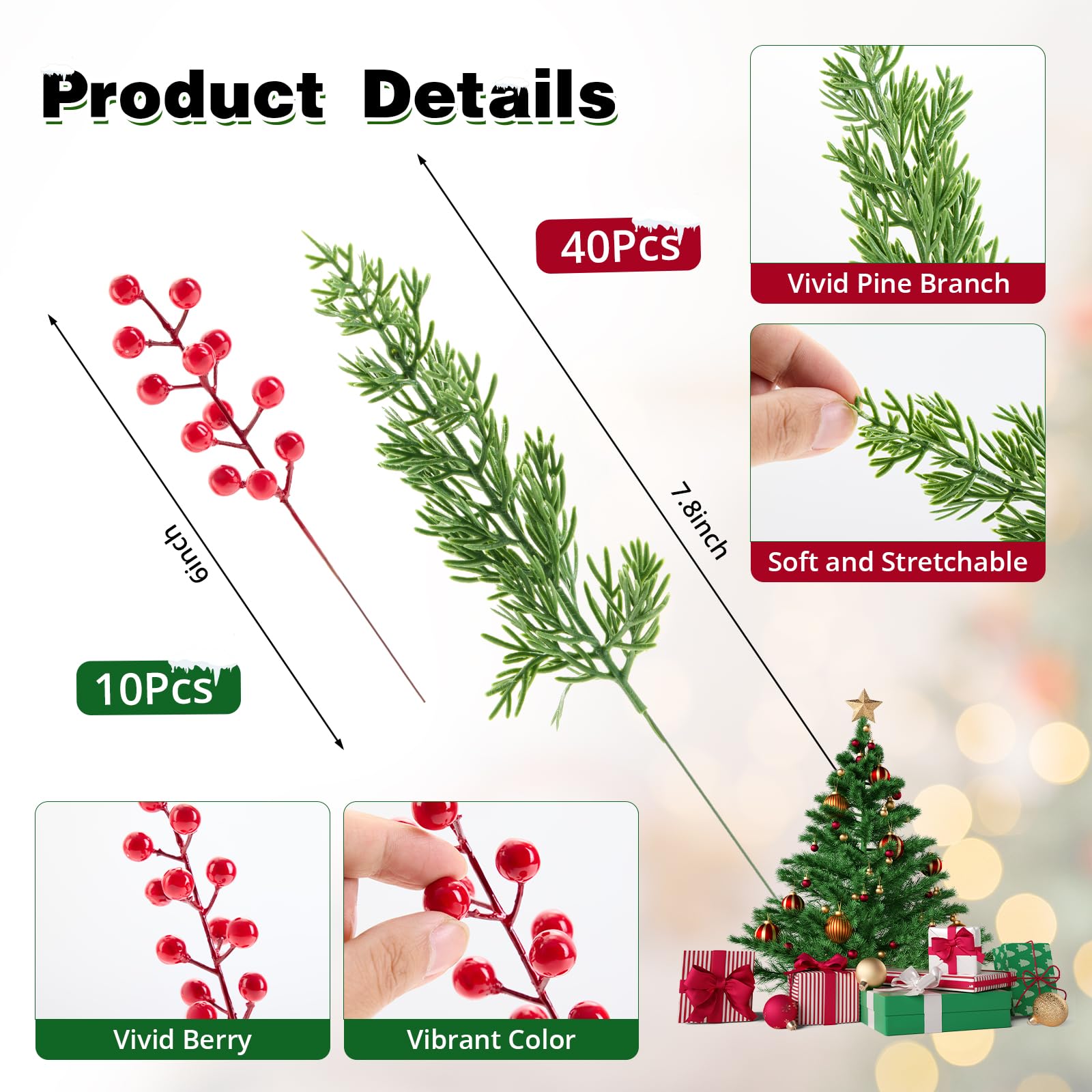 Künstliche Tannenzweige mit roten Stechpalmenbeerenstielen, künstliche immergrüne Tannenblätter, künstliche Blätter, Tannennadeln, Picks für Weihnachten, DIY, Handwerk, Girlande, Heimdekoration