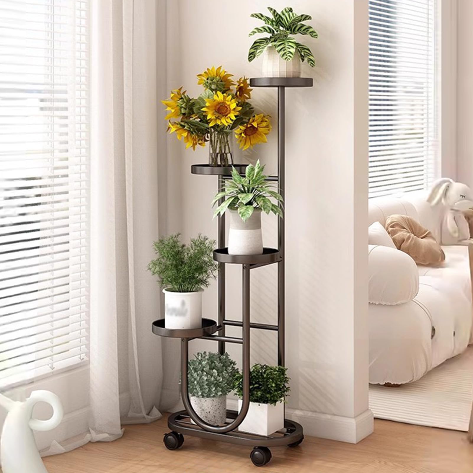 Support à plantes roulant en métal à 5 niveaux pour grands pots de fleurs