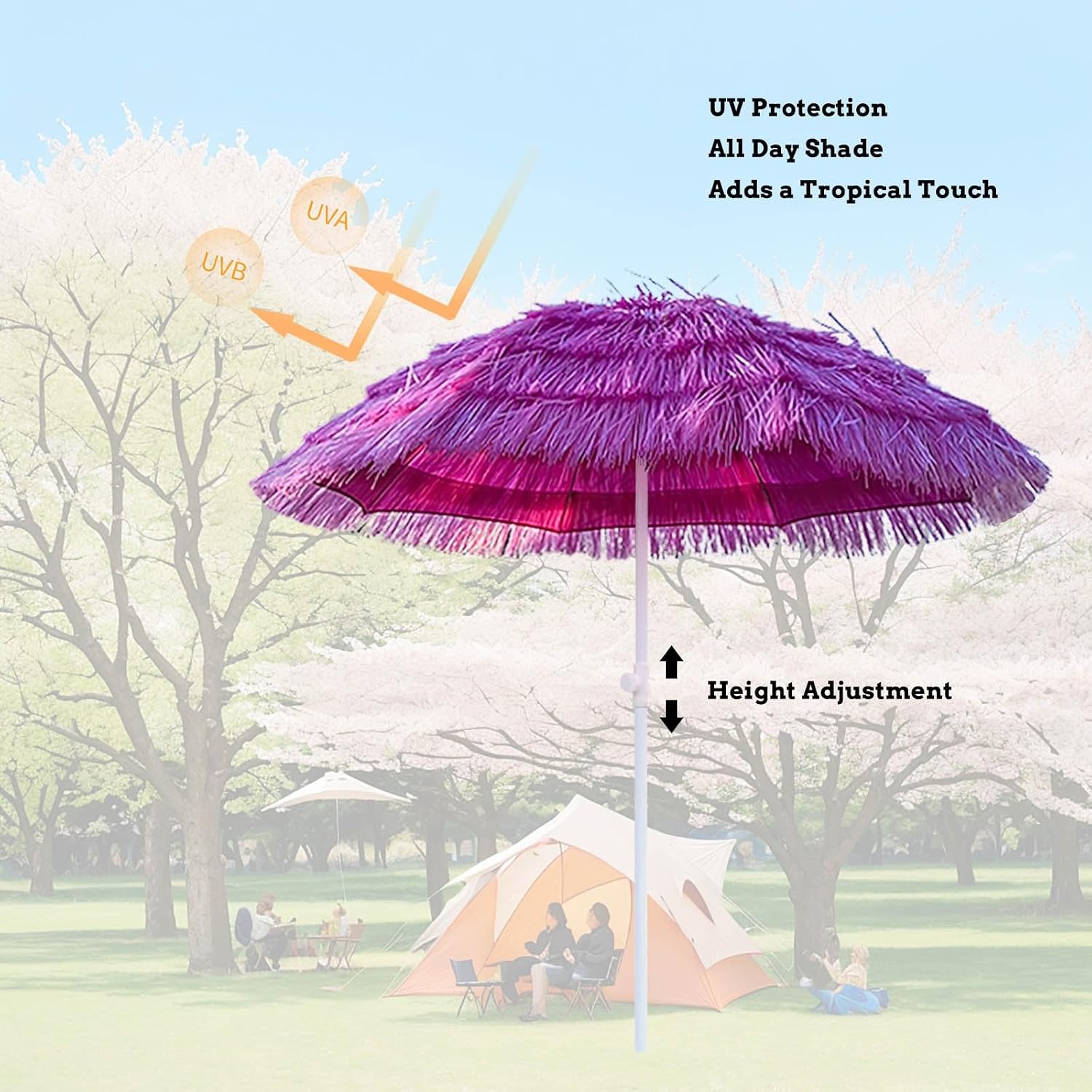 6.5' Hawaiian Tiki Umbrella Pink Thatched Pool Patio Beach Umbrella Portable Outdoor Table Umbrella with Adjustable Tilt 8 Ribs & Iron Pole Sunshade Umbrella for Beach Theme Party