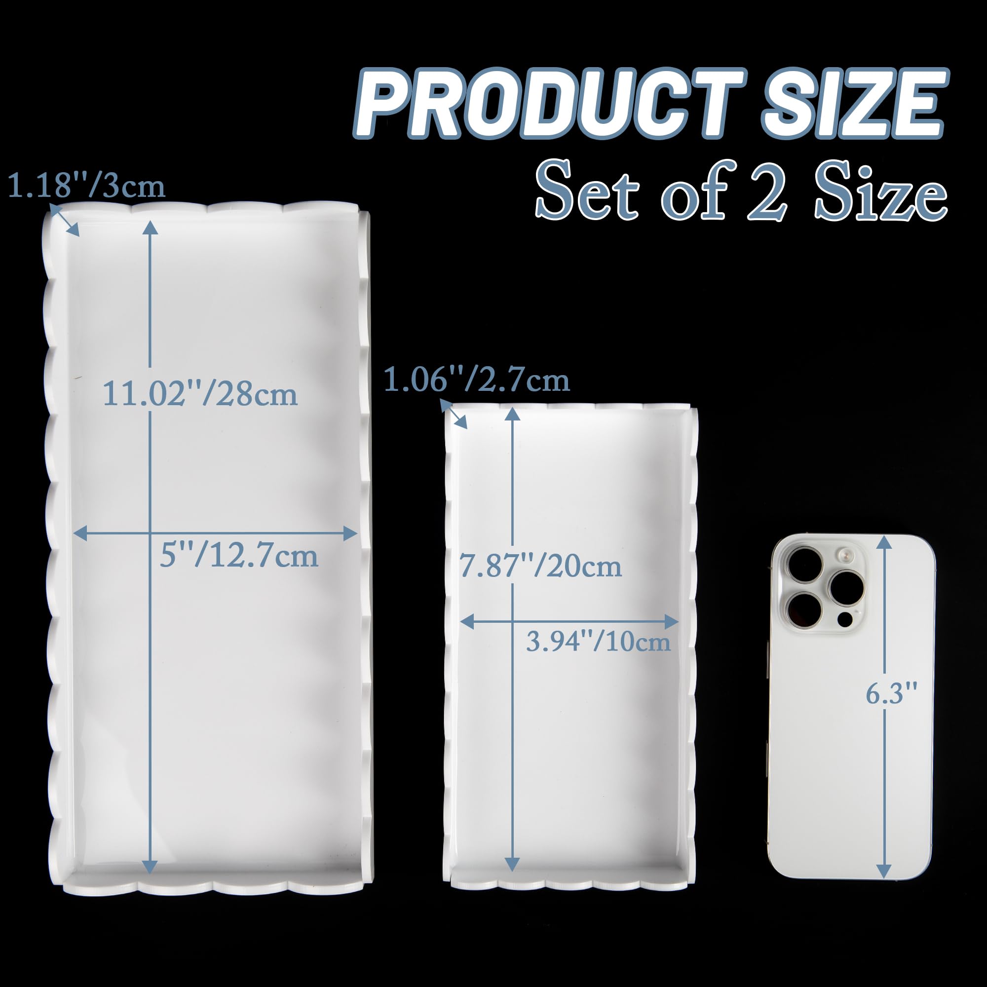 Paquete de 2 bandejas de acrílico blanco festoneado para tocador de baño para mostrador, bandejas acrílicas transparentes para organizar perfume, esponja, jabón, maquillaje, soporte de almacenamiento