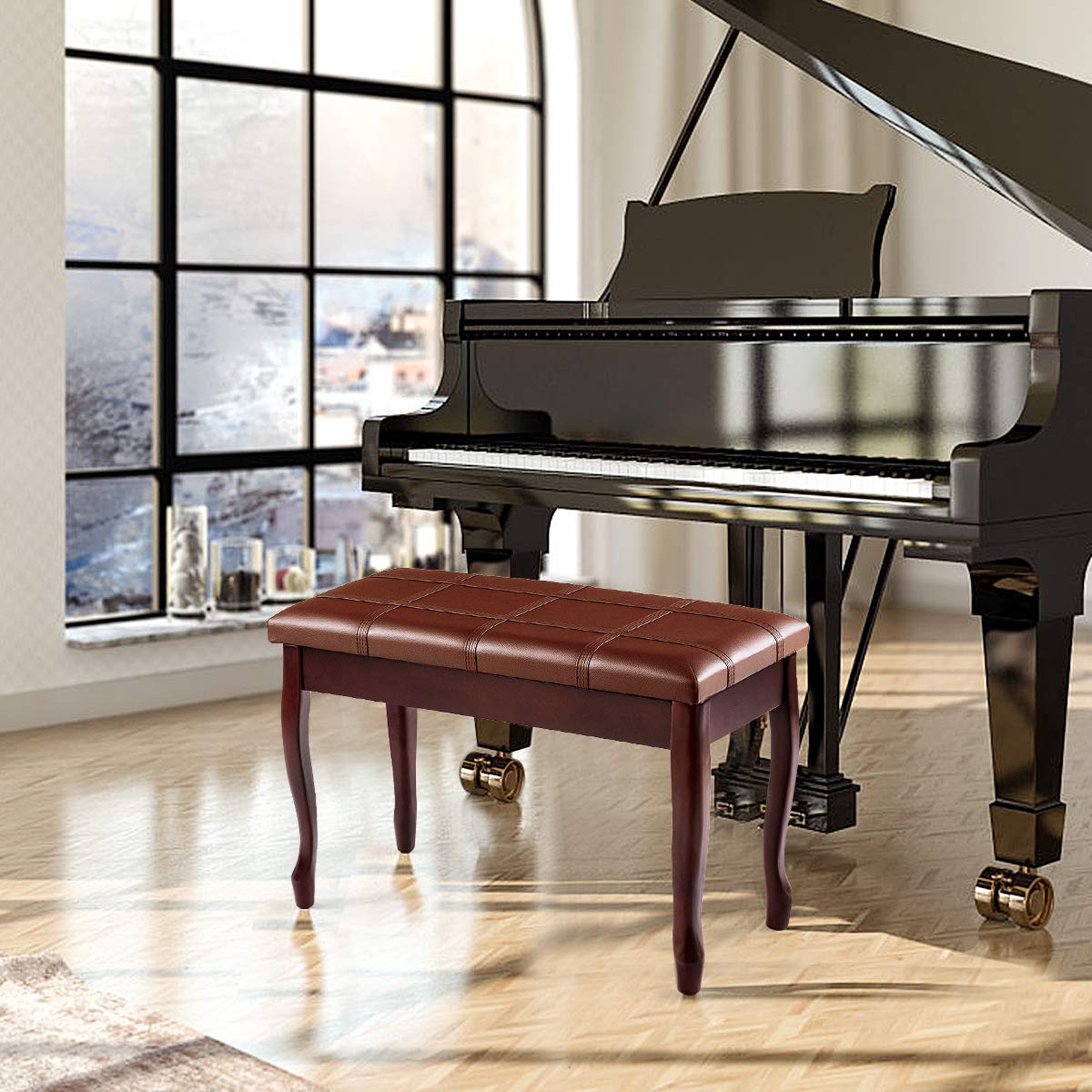 GOPLUS Banc de Piano Double en Bois Massif Robuste avec Siège Rembourré en Cuir PU, Tabouret Piano 2 Places avec Compartiment de Rangement, Charge Max 180KG (Marron, Pied Incurvé,Bande)