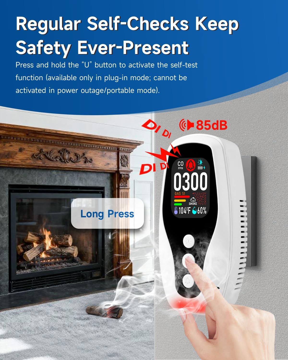 5-in-1 Smoke ＆ Carbon Monoxide Detector, Plug in Natural Gas Leak Detector with Battery Backup, CO ＆ Smoke Alarm with Temp & Humidity, CO Gas Detector Monitor for Home/RV/Hotel/Travel