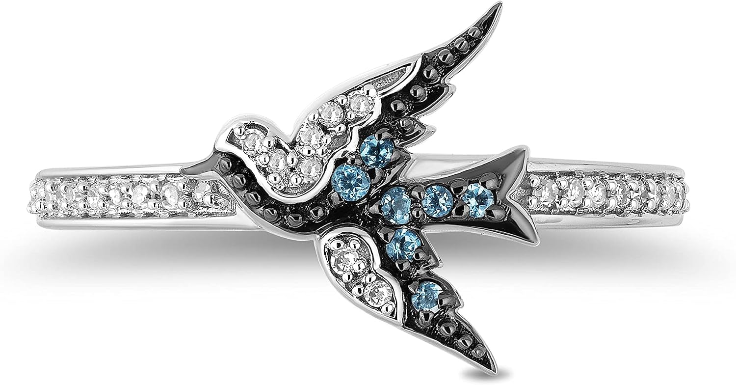 Jewelili Enchanted Disney Fine Jewelry Sterling Silver with 1/10 Cttw Diamonds and London Blue Topaz Cinderella Blue Bird Ring.