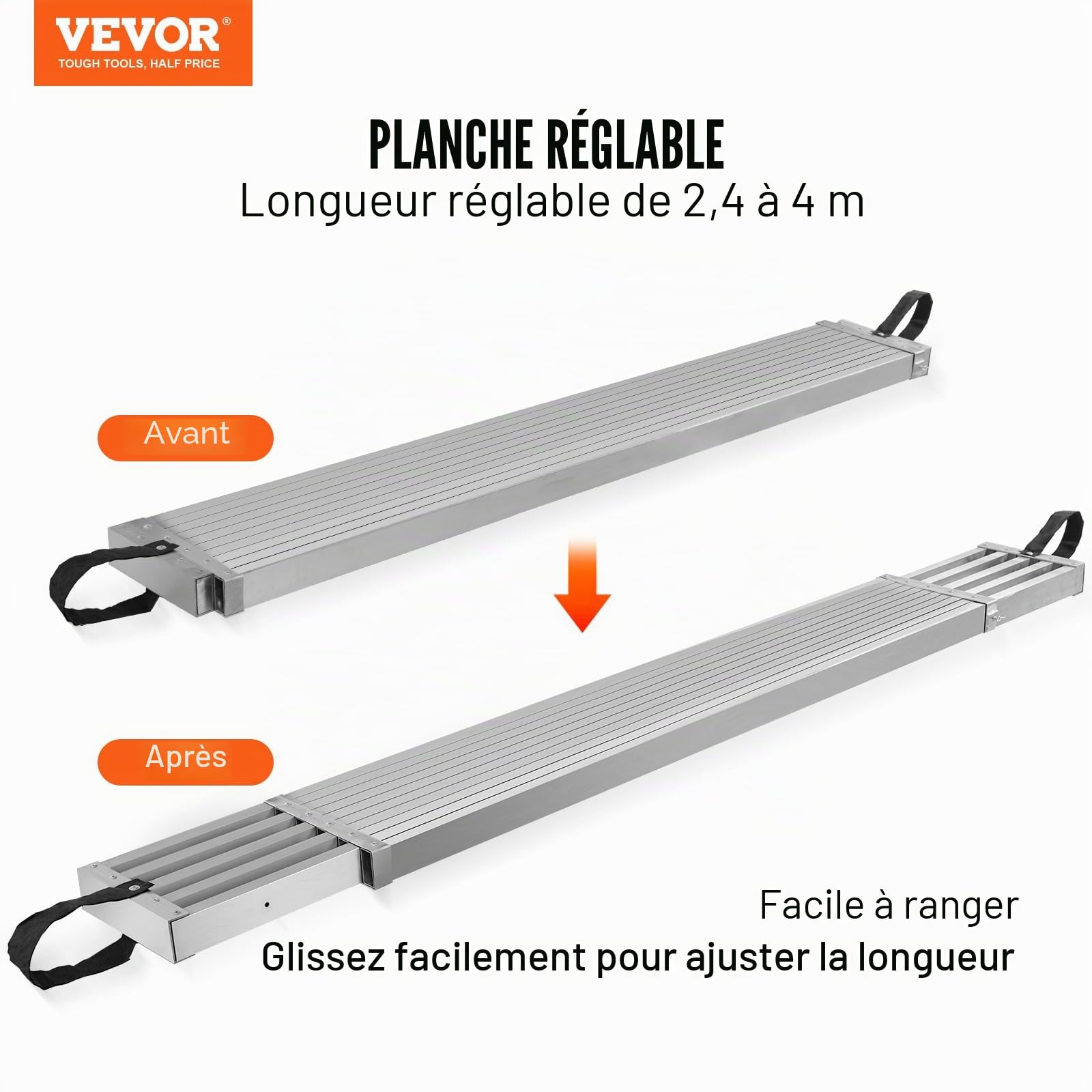 VEVOR Planche d'Échafaudage Télescopique en Aluminium 2,44-3,96 m, 317,5 mm Largeur, 227 kg, Extension Avec Plate-forme Antidérapante, Accessoire d'Échelle