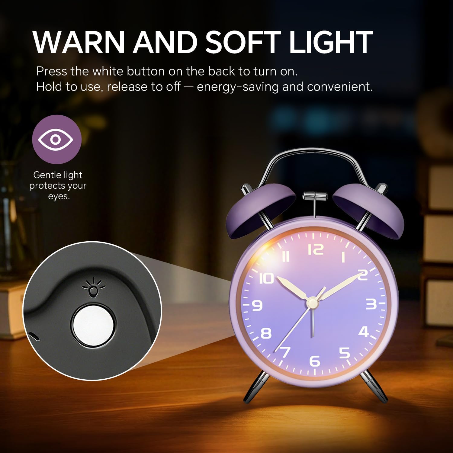 Old School Loud Alarm Clock for Heavy Sleepers, 4.5" Metal Battery Operated Alarm Clock with Twin Bell Light, Silent Analog Retro Desk Nightstand Clocks for Teens Seniors Adult, Purple