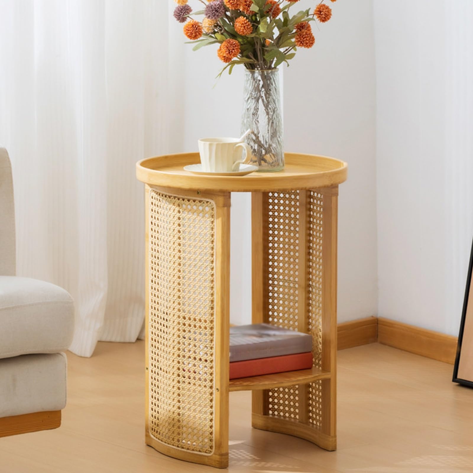 Okrągły, Rattanowy Stolik Kawowy w Stylu Japońskim, Stolik Kawowy z Tatami, Rama z Litego Drewna, Udźwig 80 Kg, do Sypialni i Salonów(Brown,45x56cm/18x22in)