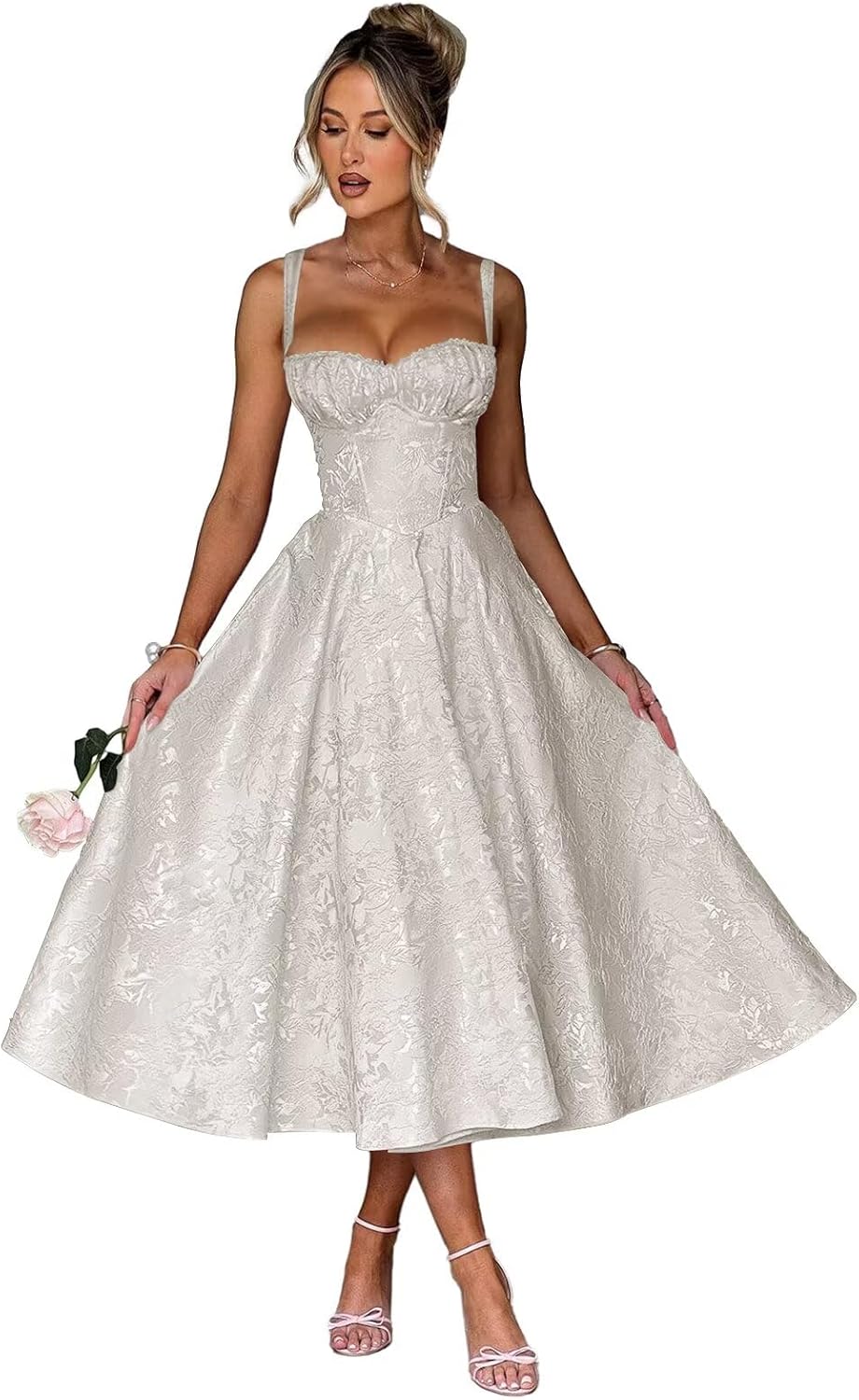 Eightale Satin Jacquard Prom Dress with Bow Tea Length Floral Midi Formal Evening Party Gown