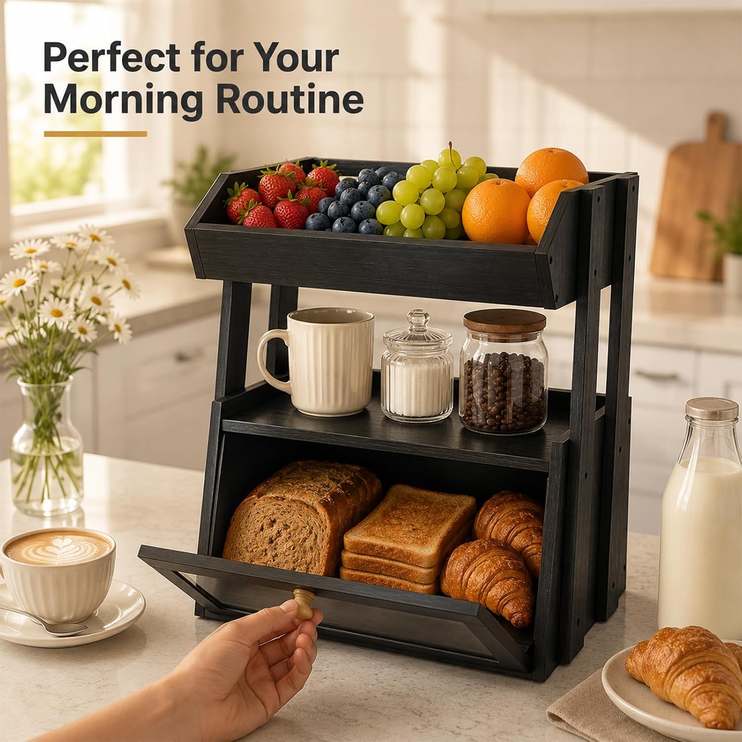3-Tier Bamboo Bread Box for Kitchen Countertop with Fruit Basket