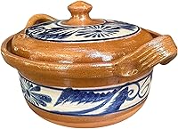 Mexican Hobo Barro Bean Chili Pot - Handcrafted Traditional Clay 10" Wide, Stovetop Oven Safe Blue Accents for Authentic Cooking