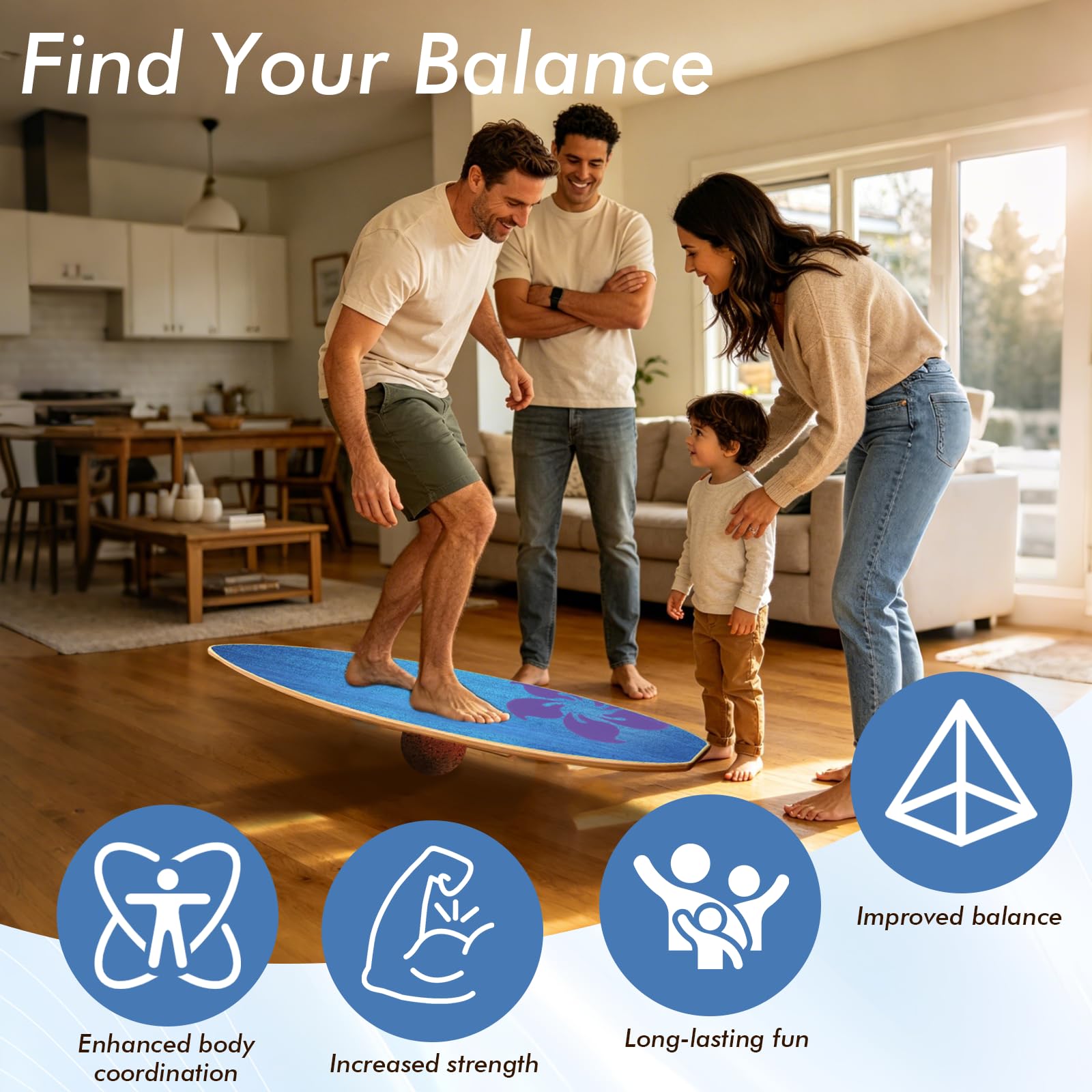 Balance Board Erwachsene, Surfing balance board aus Echtholz, Balance Trainer mit Rutschfester Gleichgewichtstrainer, Holz Balancebrett Set mit Korkrolle, Kork Halbkugel und Korkball