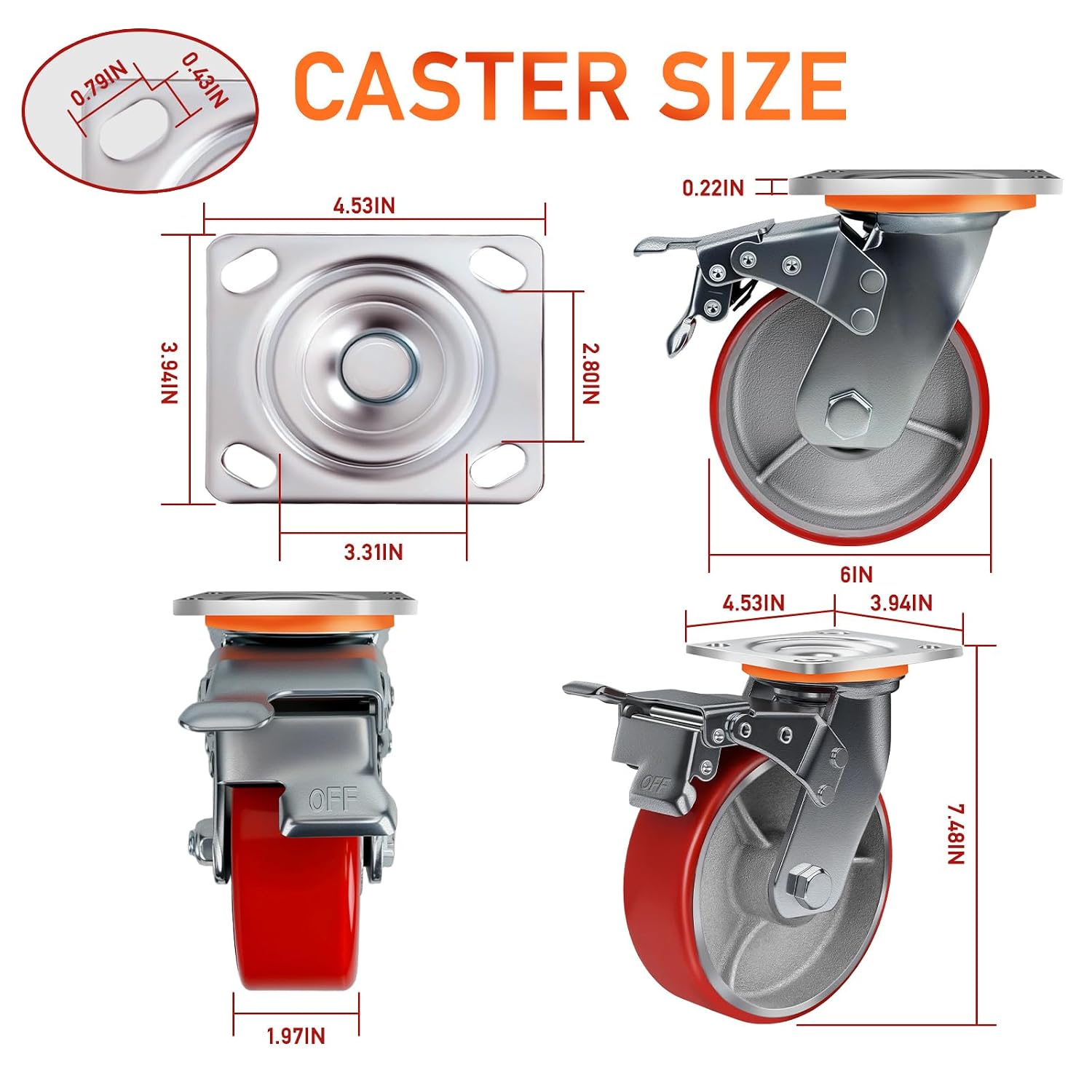 6 inch heavy duty caster wheels set of 4,load 5000lbs,polyurethane silent steel wheels,industrial casters with brake,for automotive molds,large shelving,u-boat cart (4 brake) 4brake 6 inch