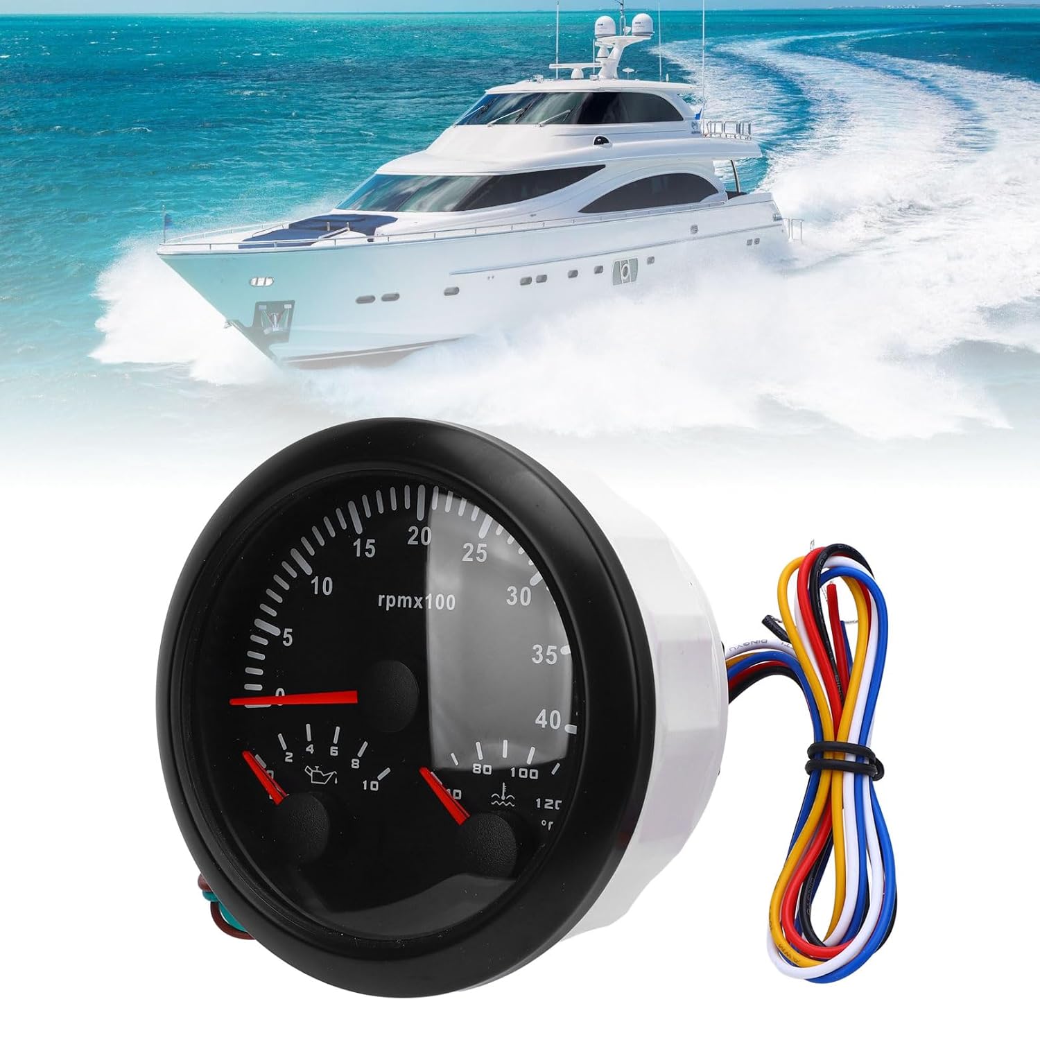 3-in-1 Gauge Combo – Tachometer, Oil Pressure, Water Temperature – 3 3/8" 4000 RPM, 0-10 Bar, 40-120°C, 7-Color Backlit for Truck, RV, Marine (Black Dial Black Bezel)