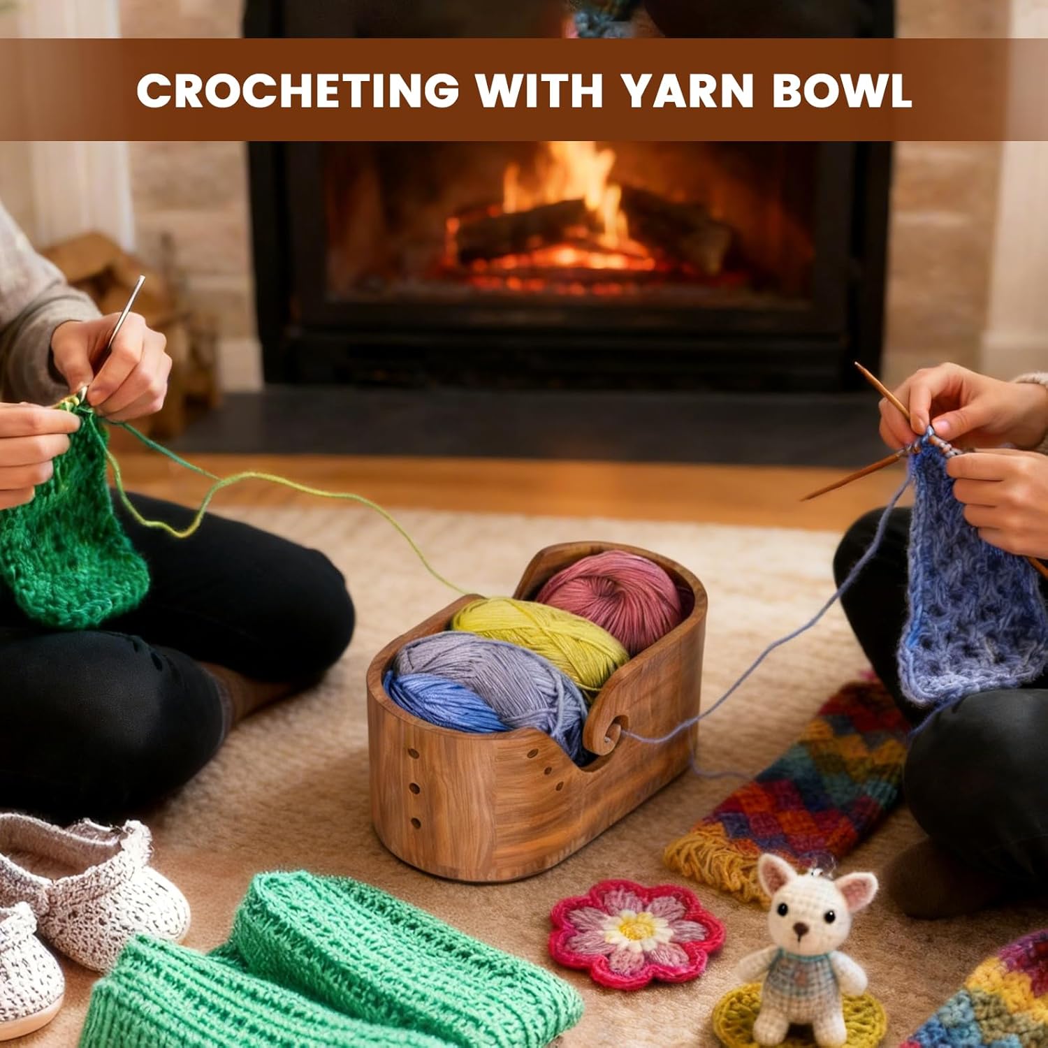 Wooden Yarn Bowl with Lid & Phone Slot, 11.4x5.9x4.7in Large Oval Acacia Wood Yarn Bowl Knitting for Crocheters, Crochet Yarn Holder Bowl (Oval - Acacia wood)