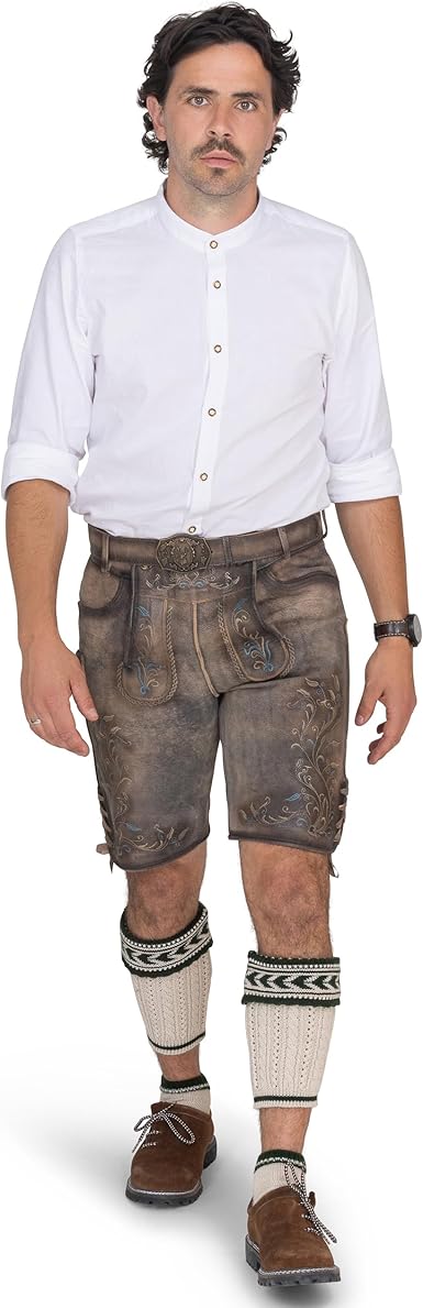Schöneberger Trachten Couture Leren kniebroek voor heren, met bretels, Beierse klederdrachtbroek voor het Oktoberfest van nubuckleer Wallis, bruin, 54