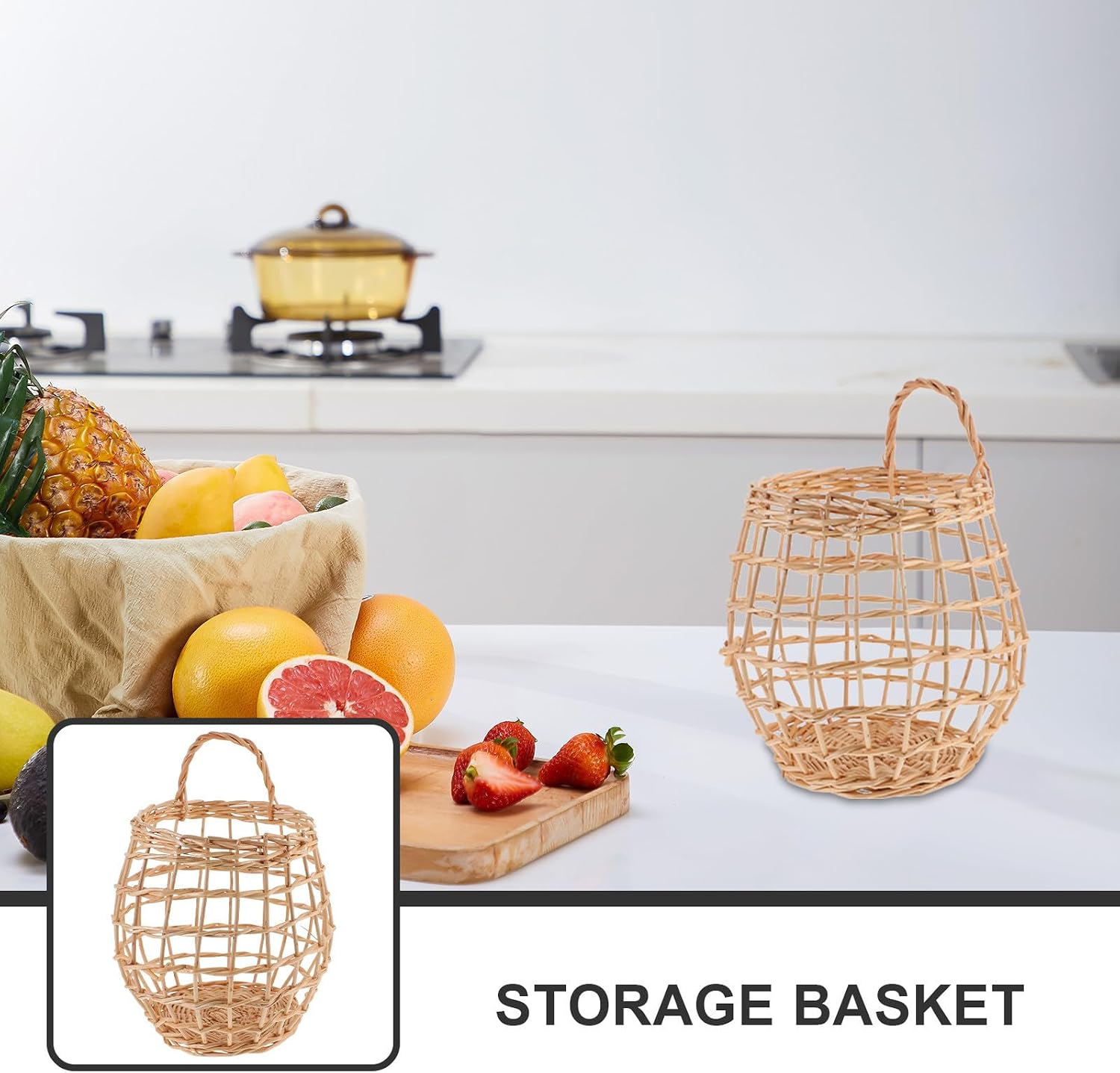 ULTECHNOVO Hand-woven Woven Basket Organizer for Kitchen Hanging Basket Rattan for Kitchen Storage, Space Saving Beige Decorative Wall-mounted Egg Holder Random Color for Garlic and Ginger