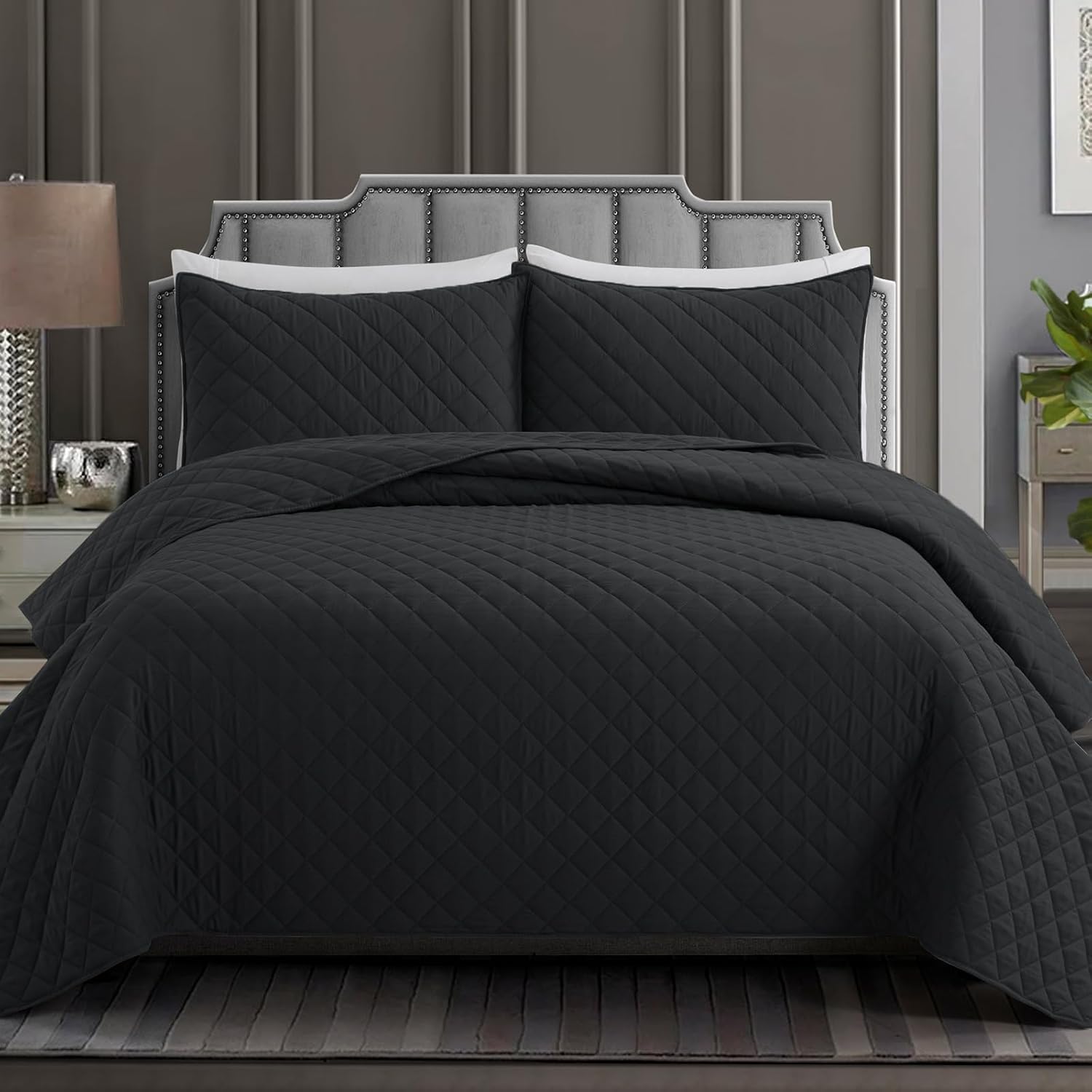 Safonory Navy Quilt Full/Queen Size - Summer Soft Lightweight Microfiber Diamond Stitched Quilted Bedspread - 3 Pieces Coverlet Bedding Set for Queen Bed(1 Quilt, 2 Shams)