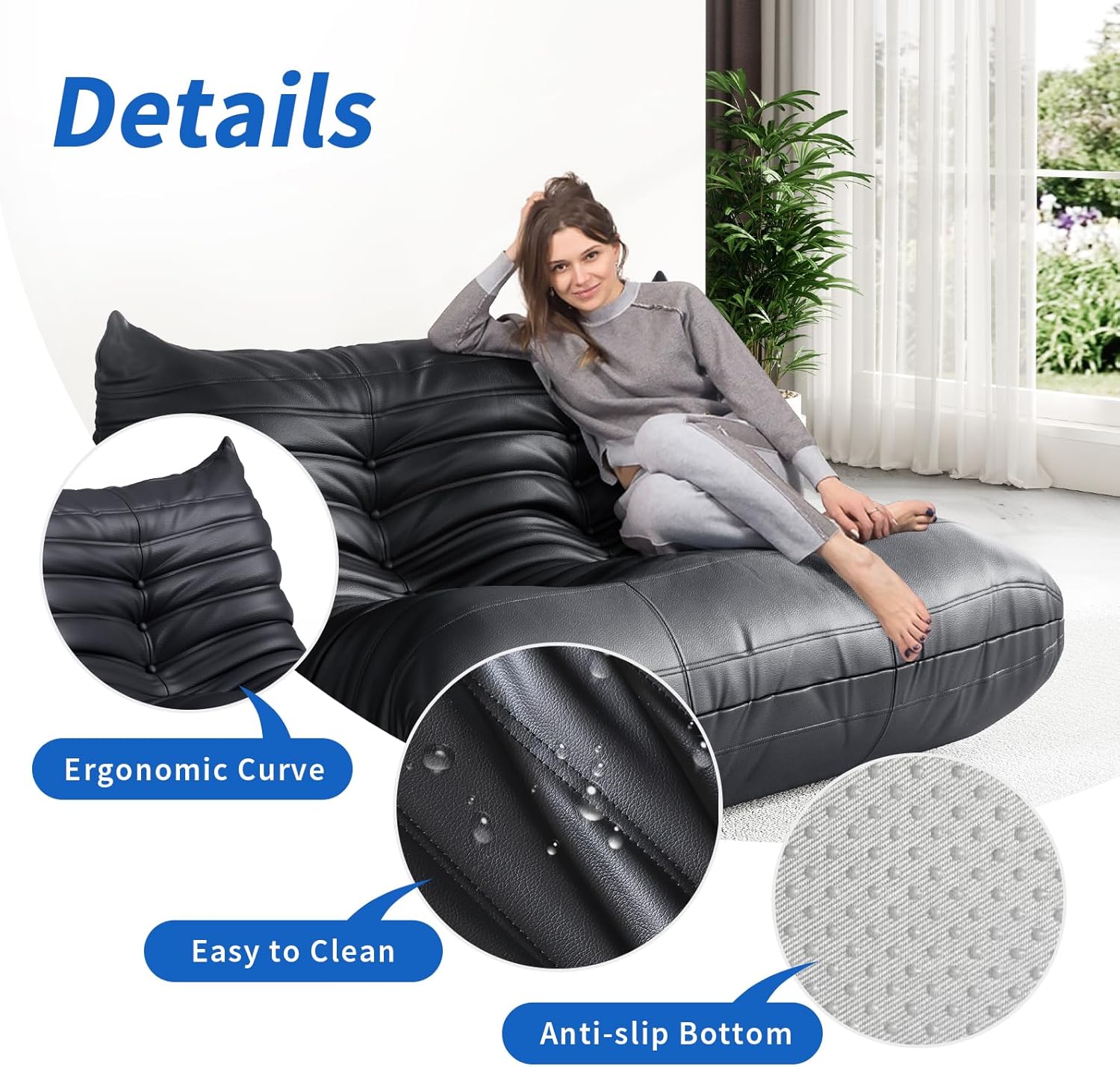 Fireside Corner Bean Bag Chairs for Adults,Comfy Lazy Floor Sofa Couch, Soft Lounge Foam-Filled Couches Loveseat Chair for Living Room Bedroom Office,Black