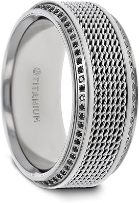 Thorsten Gauntlet | Titanium Rings for Men | Lightweight Titanium | Comfort Fit | Steel Chain Titanium Wedding Ring Polished Beveled Edges Set with Round Black Diamonds - 10 mm