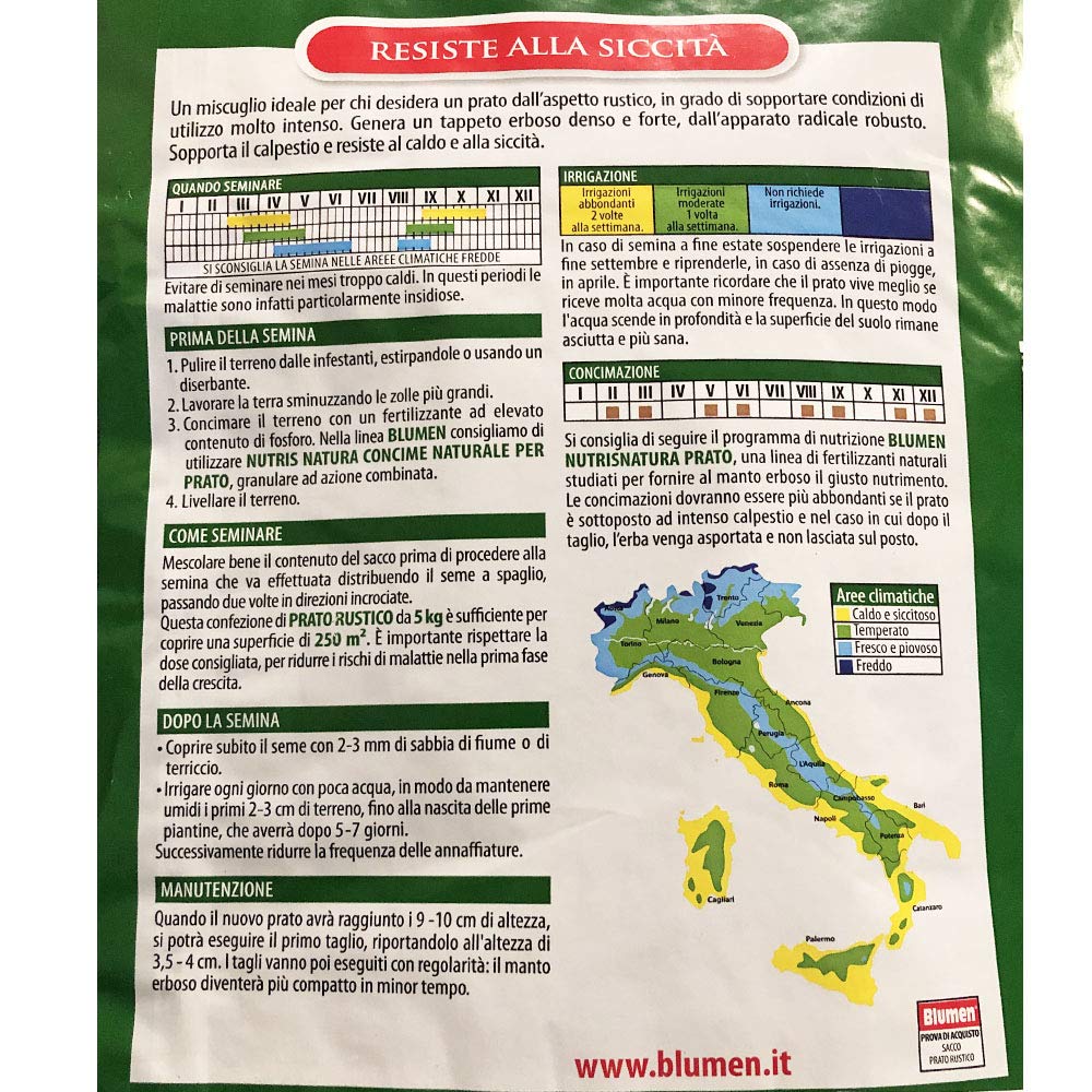 Semi Giardino Sementi per Prato Rustico Resistente Blumen 5 Kg - Set da 2 Confezioni (10 kg) Copertura 500 mq