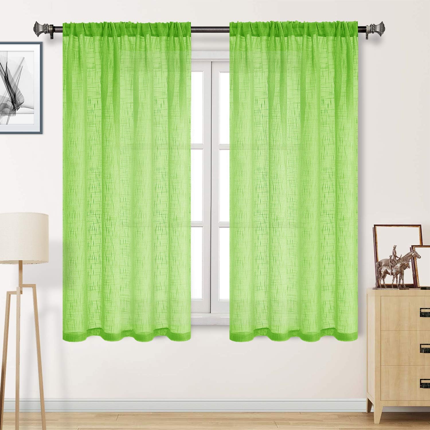 DWCN Green Sheer Curtains Faux Linen Textured Weave Rod