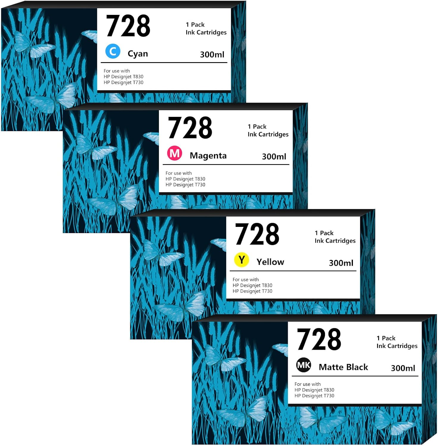728 Ink Cartridges 300ml Compatible with HP 728 Ink Cartridges for DesignJet T830 T730 Large Format Plotter Printer (4-Pack, 300-ml Matte Black/Cyan/Magenta/Yellow)