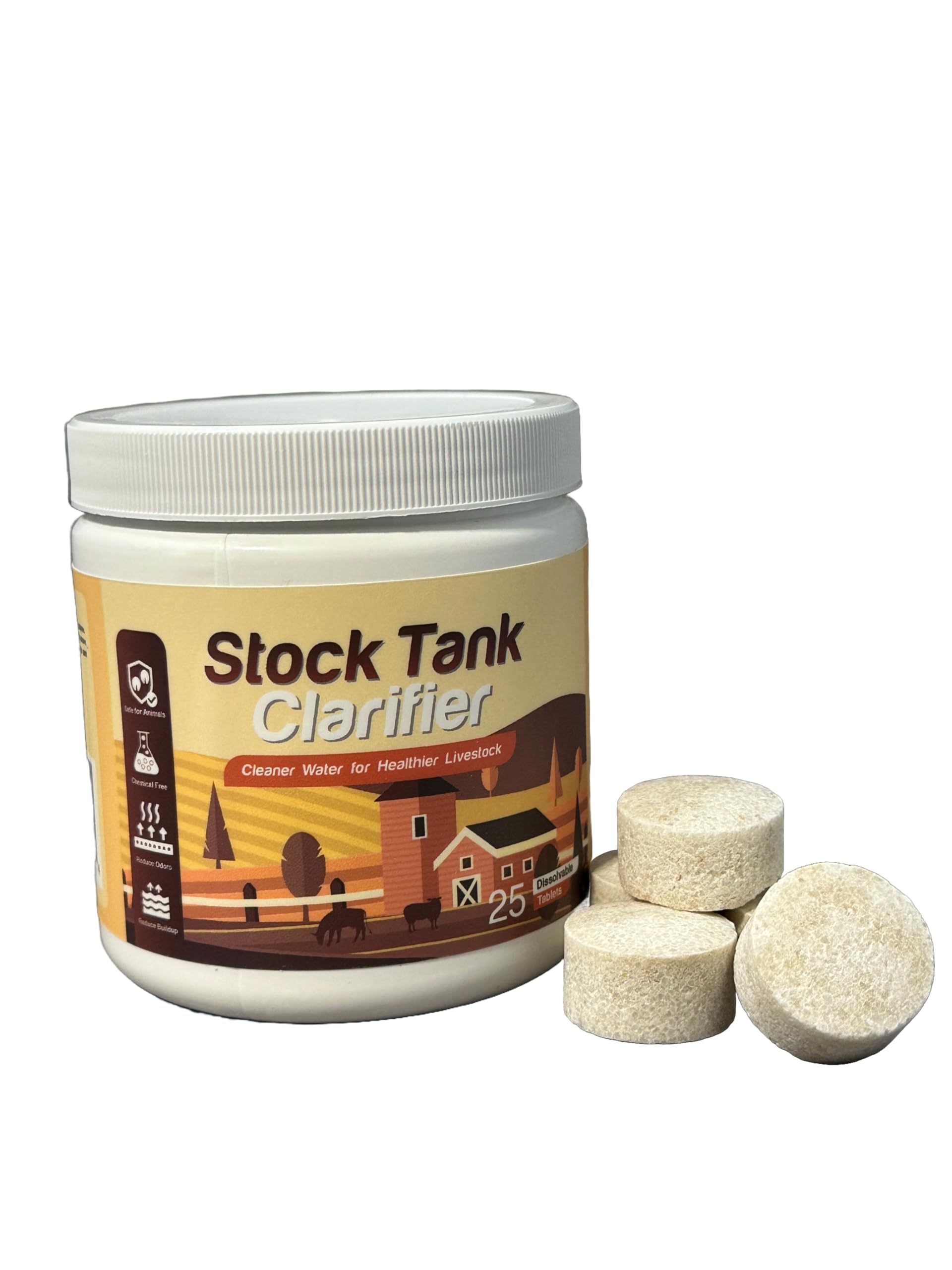 Stock Tank Clarifier - Improves livestock water by reducing buildup and creating healthier water troughs. Safe for horses, cattle, sheep, goats & chickens. Easy to use tablets treat up to 250 gallons.