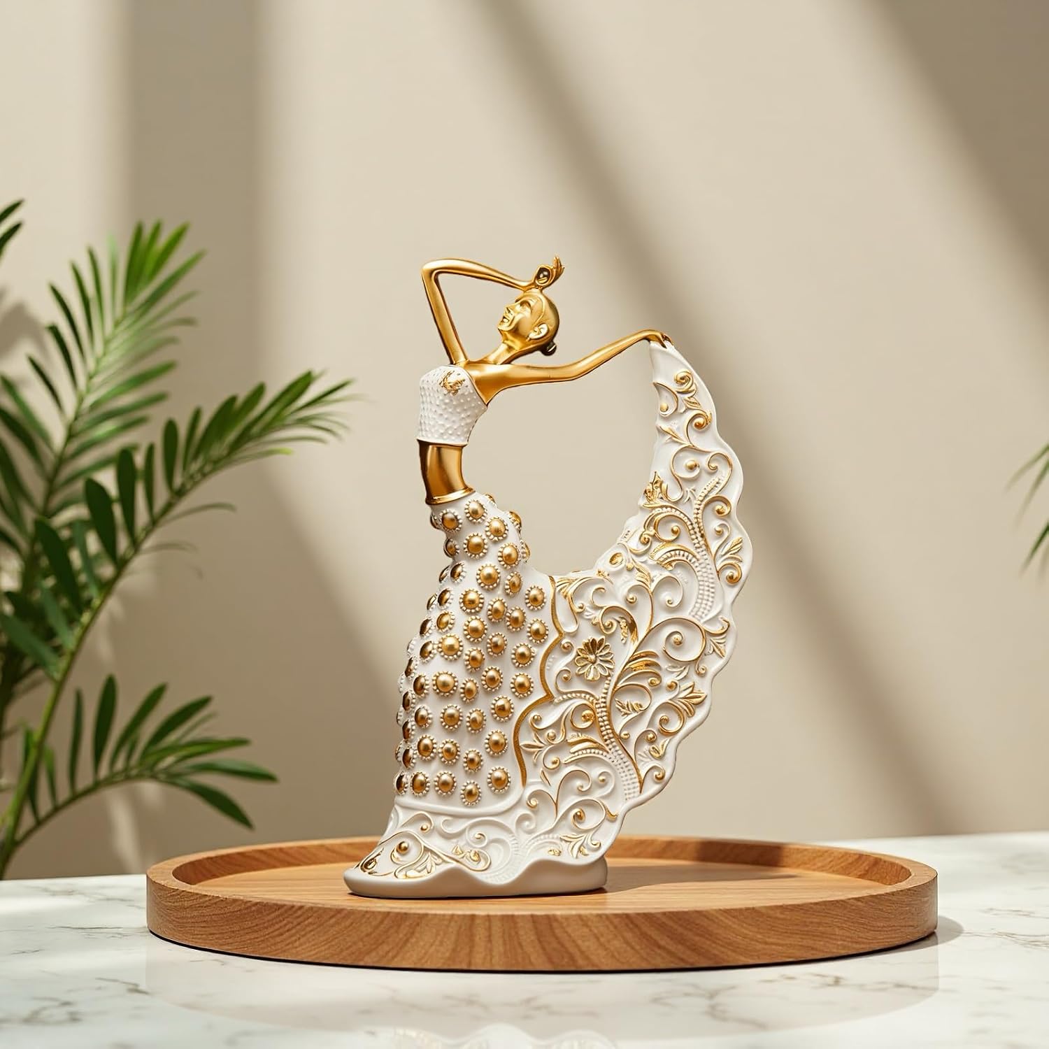 XINDAM Elegant Peacock Art Figurine Dancer Statue Decorative Home & Office Figurines Home Office Display Craft Living Room Decor Ornaments for Tabletop White and Gold
