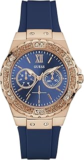 GUESS Women Rose Gold-Tone Stainles Steel + Iconic Blue Dial Stain Resistant Silicone Analog Watch with Day + Date Functions. Color: Blue Dial (Model: U1053L1), Blue Band
