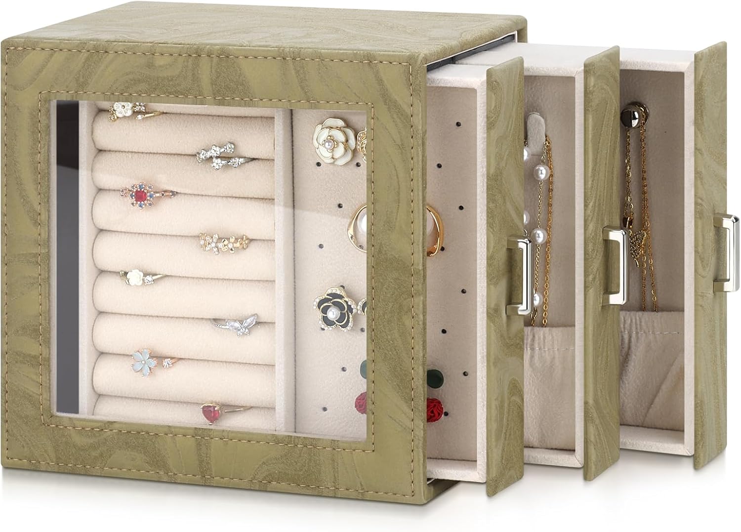 DesignSter Jewelry Box Organizer, Jewelry Box for Women, PU Jewelry Organizer Display Case with Side Drawers, Jewelry Storage for Earring Necklace Ring Bracelet Watch