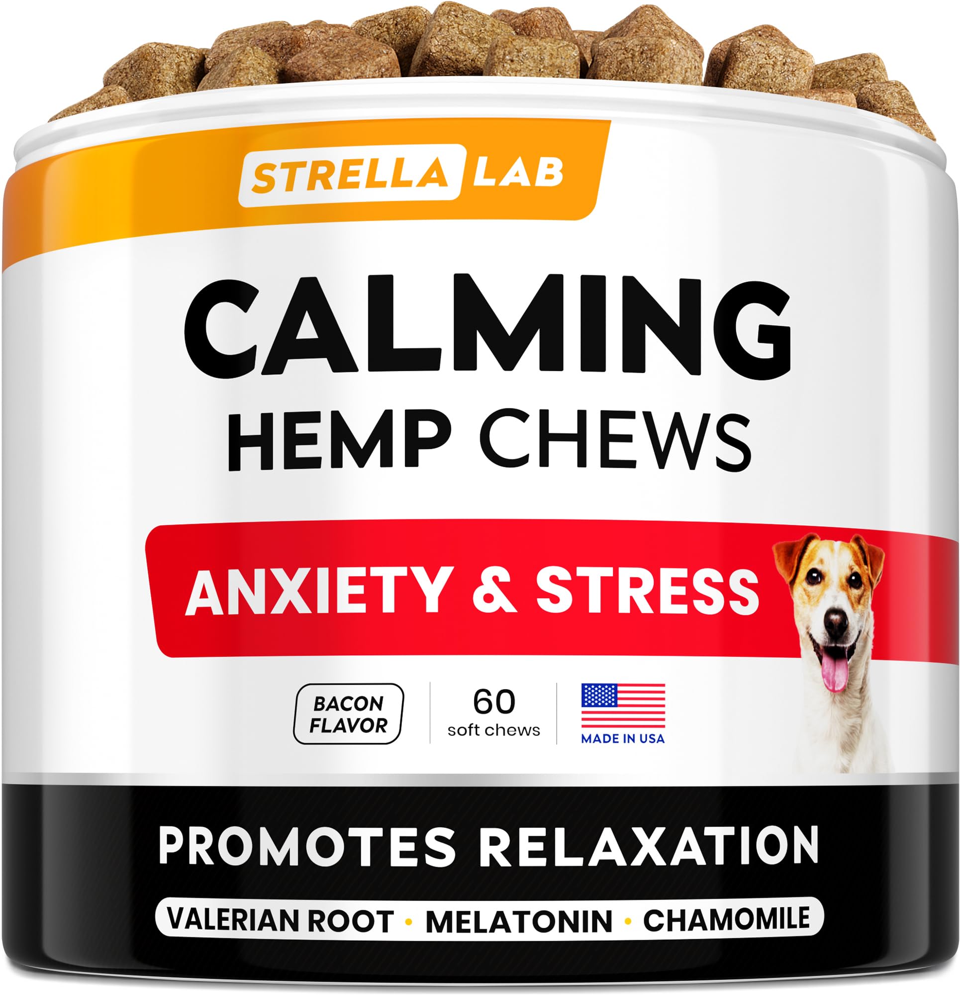 STRELLALAB Advanced Calming Chews for Dogs - Hemp Treats + Melatonin - Sleep Aid - Relaxing Treats - Stress Relief During Fireworks, Thunder - Made in USA - Bacon - 60Ct