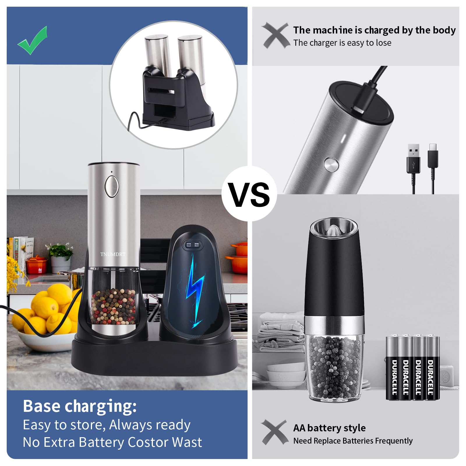 Juego de molinillo eléctrico de sal y pimienta de acero inoxidable, molinillo de pimienta automático de gran capacidad con base de carga recargable mejorada y luz LED, grosor ajustable, fácil de 4