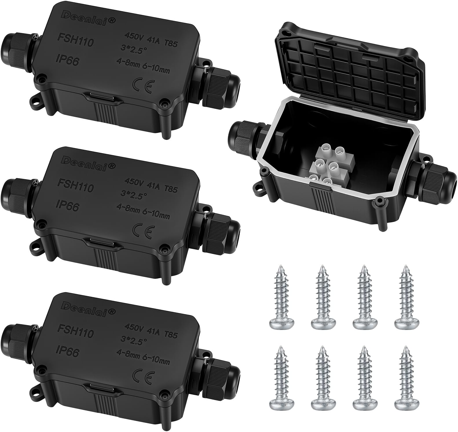 4 Pcs IP66 Waterproof Junction Boxes, 2-Way Outdoor Electrical Connectors, Black Extension Connectors with PG9 Glands for Ø3mm-8mm & Ø6mm-10mm Cable