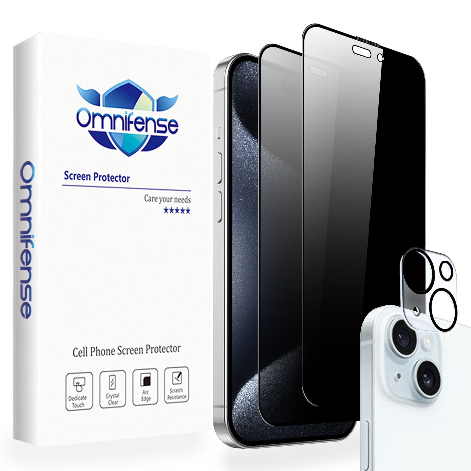 4 Way 360° Privacy Glass Screen Protector for iPhone 15 Plus [2 Pack] + Camera lens Protector [1 Pack], Horizontal and Vertical Anti Spy Tempered Glass Screen Film for Apple 15 Plus [6.7”]