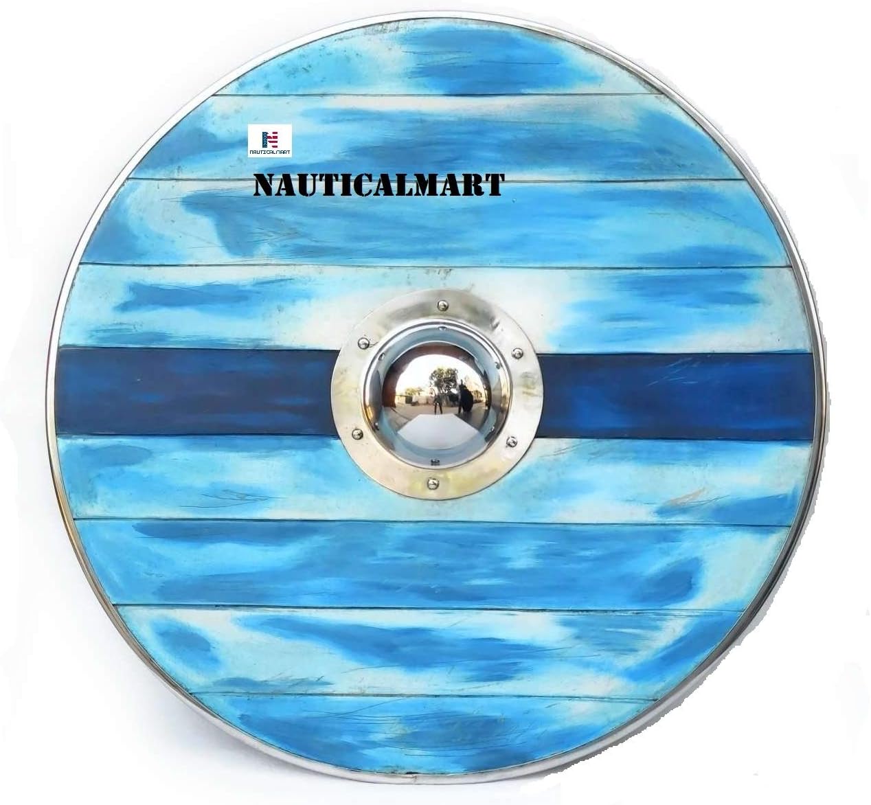 NauticalMart Aged Wood Viking Shield in Glacier Blue - SCA/LARP/Norse/Norway/Antique/Armor