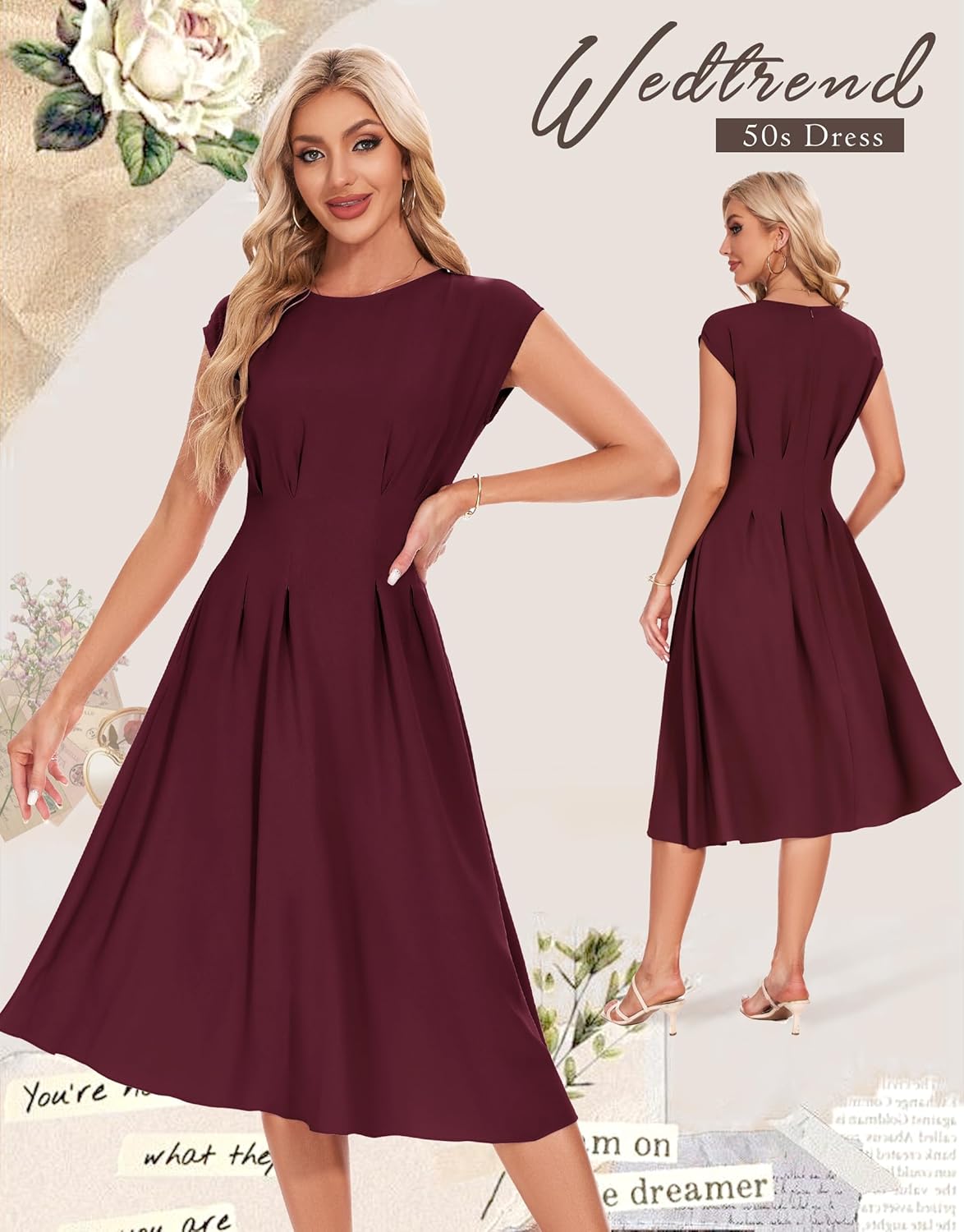 Wedtrend Women's 1940s Dresses with Pockets 50s Retro Dress Tea Length Cocktail Dress Vintage Swing Dresses - Image 2