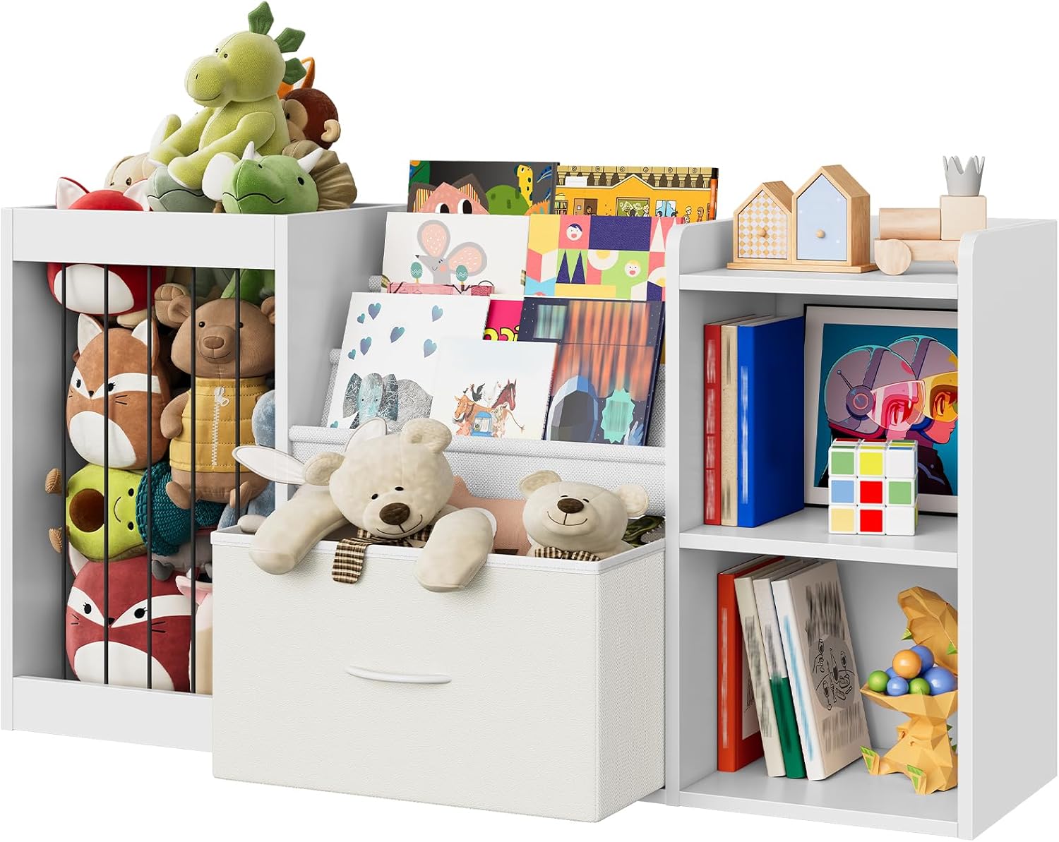 Kids Bookshelf, Children's Toy Storage Rack with Drawer, Display Shelf with Stuffed Animal Organizer, Toddler Bookcase with 3 Shelves, for Bedroom, Playroom, Living Room, White MCW21WB