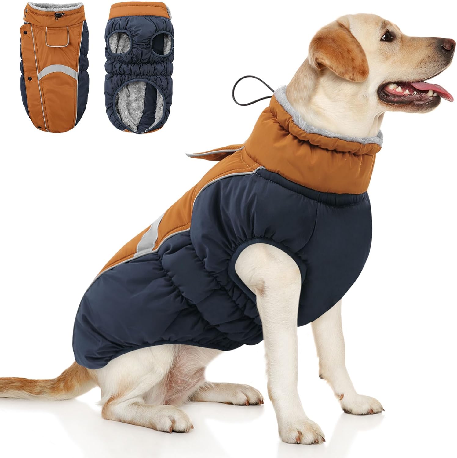 Queenmore Warm Fleece Dog Jacket with Leash Hole - Cold Weather Waterproof Dog Snow Jacket & Reflective Turtleneck Coat for Small-Medium & Large Dogs (Brown, L)