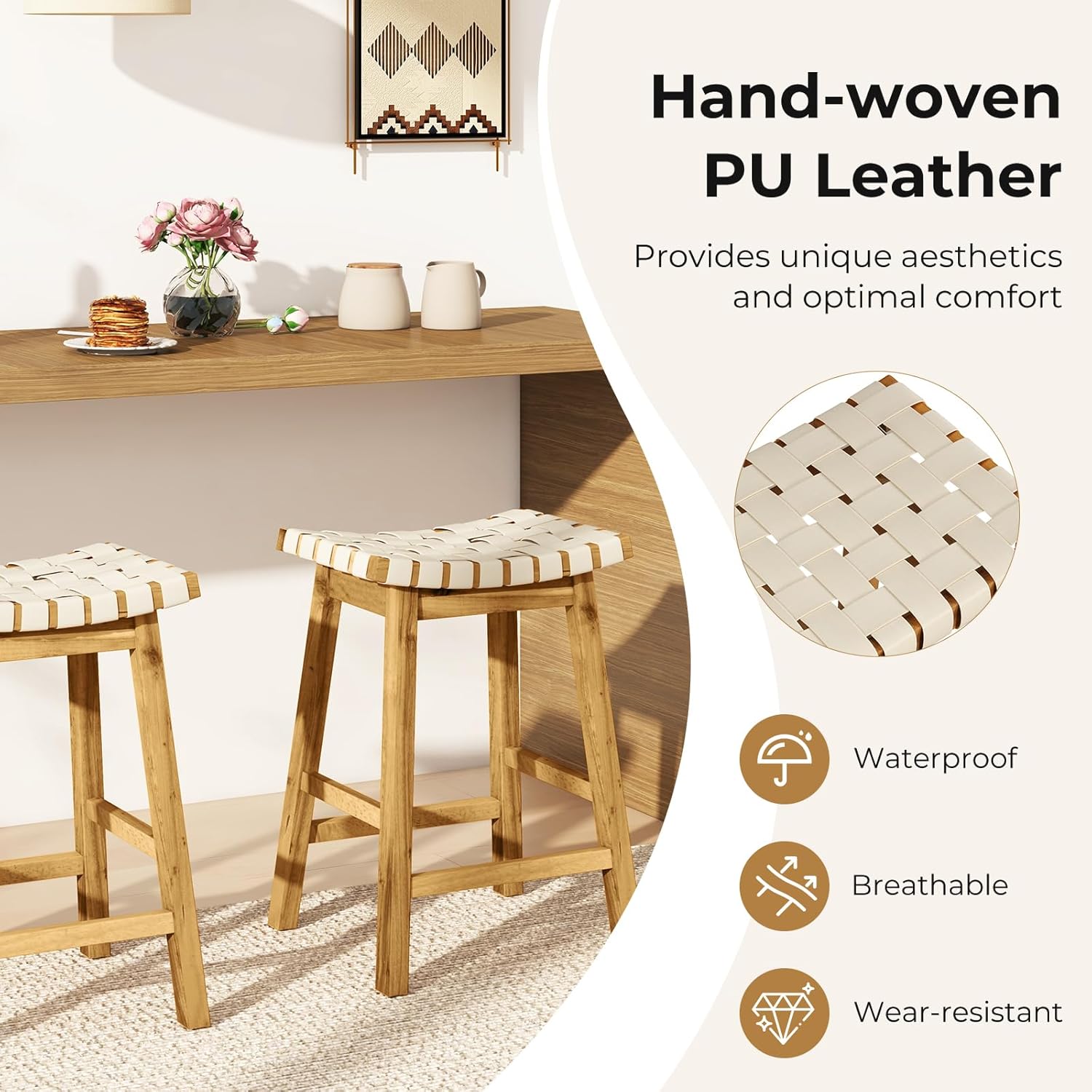 Close-up of the hand-woven PU leather seat.