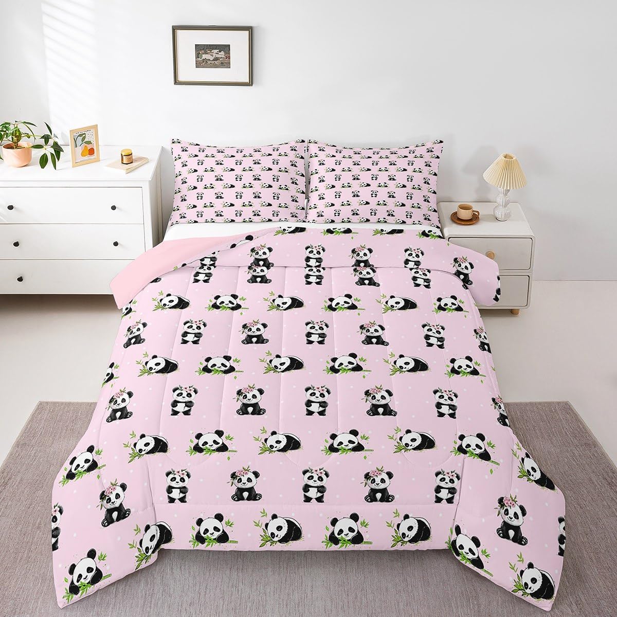 Manfei Princess Comforter Set Queen Size, Pink Purple Crown Print Bedding Set 3pcs, Cute Flower Girly Cartoon Down Comforter All Season, Kids Girls Room Decor, Soft and Breathbale, 2 Pillowcases