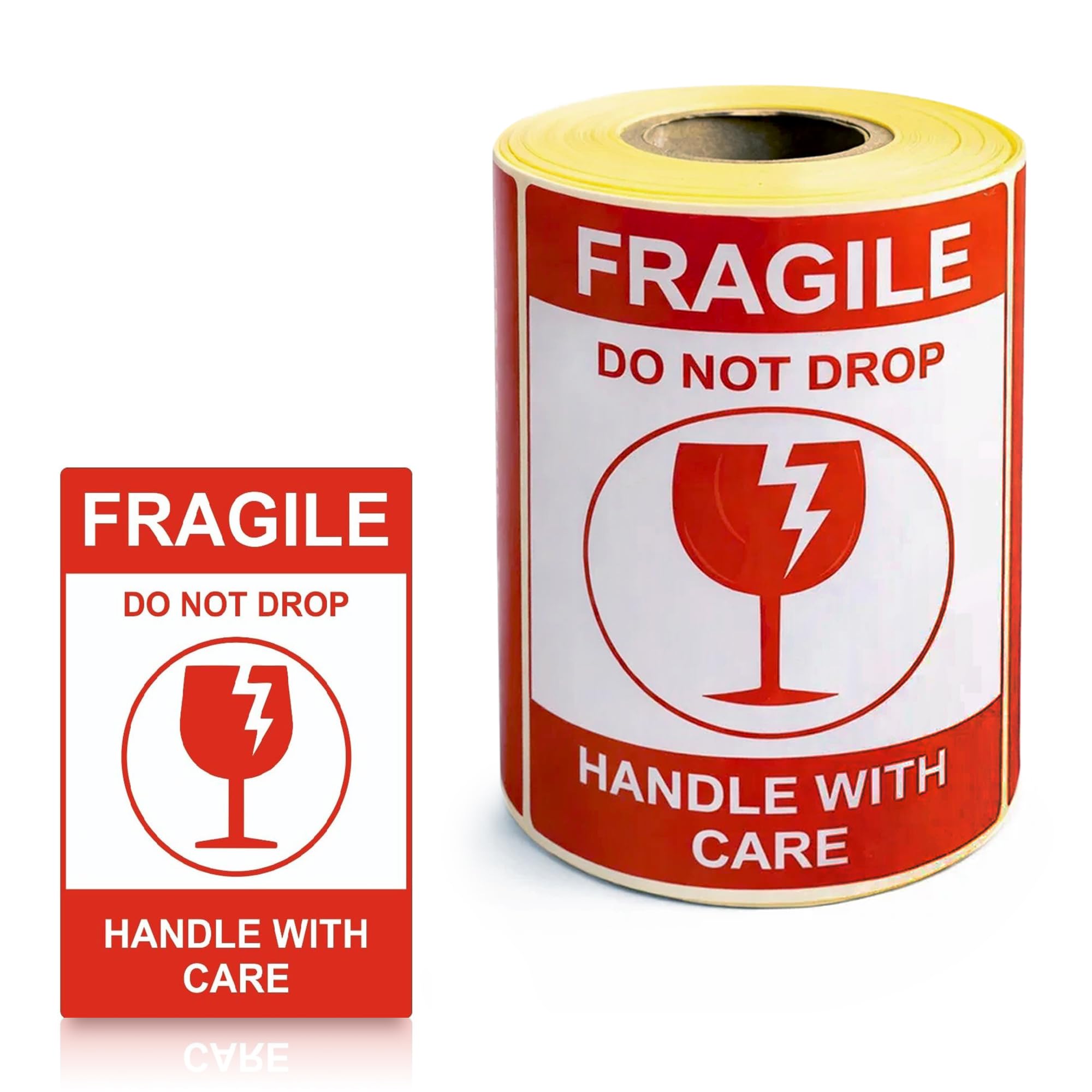 GLUN® Pack of 100 Piece Fragile Shipping Stickers, 4x6 inch Size Roll, Bold High-Visibility “Handle with Care” & “Do Not Drop” Warning Stickers for Safe Delivery