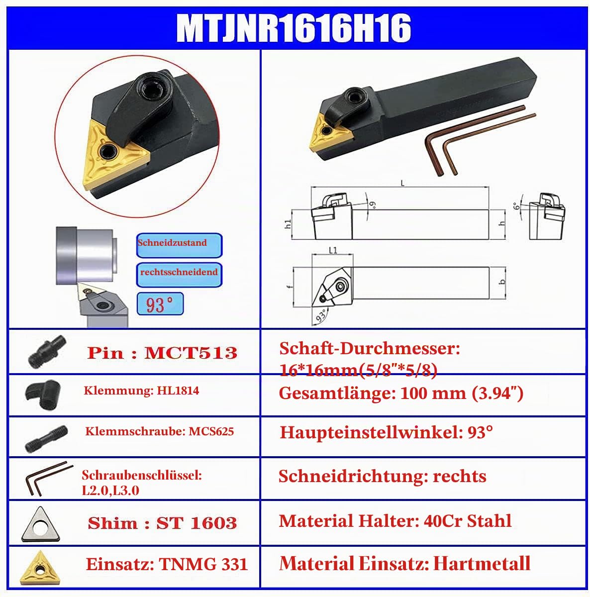 3 Stück CNC-Drehmaschinen-Drehmaschine, indexierbar, Hartmetall-Drehwerkzeug, Bit Set MTJNR1616H16 + MWLNR1616H08 + MCLNR1616H12 mit 3 Stück wnmg431, cnmg431, tnmg331 Hartmetalleinsätze, Index able