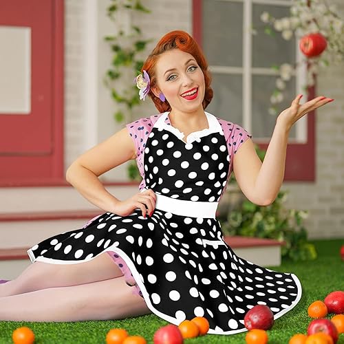 Miniatura 6 de Violet Mist Delantales Encantadores Sweetheart para Mujeres con Bolsillo Delantales Retro Lindos para Mujeres Vestido de Cocina Vintage de Lunares